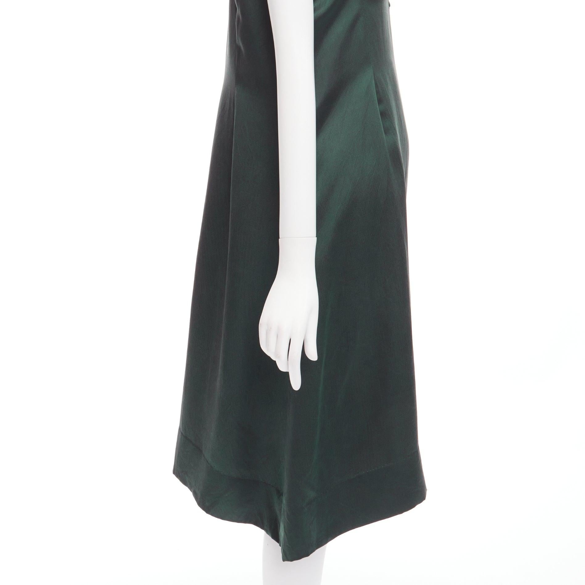 DRIES VAN NOTEN 100% silk dark green plunge neck sleeveless trapeze dress S For Sale 2