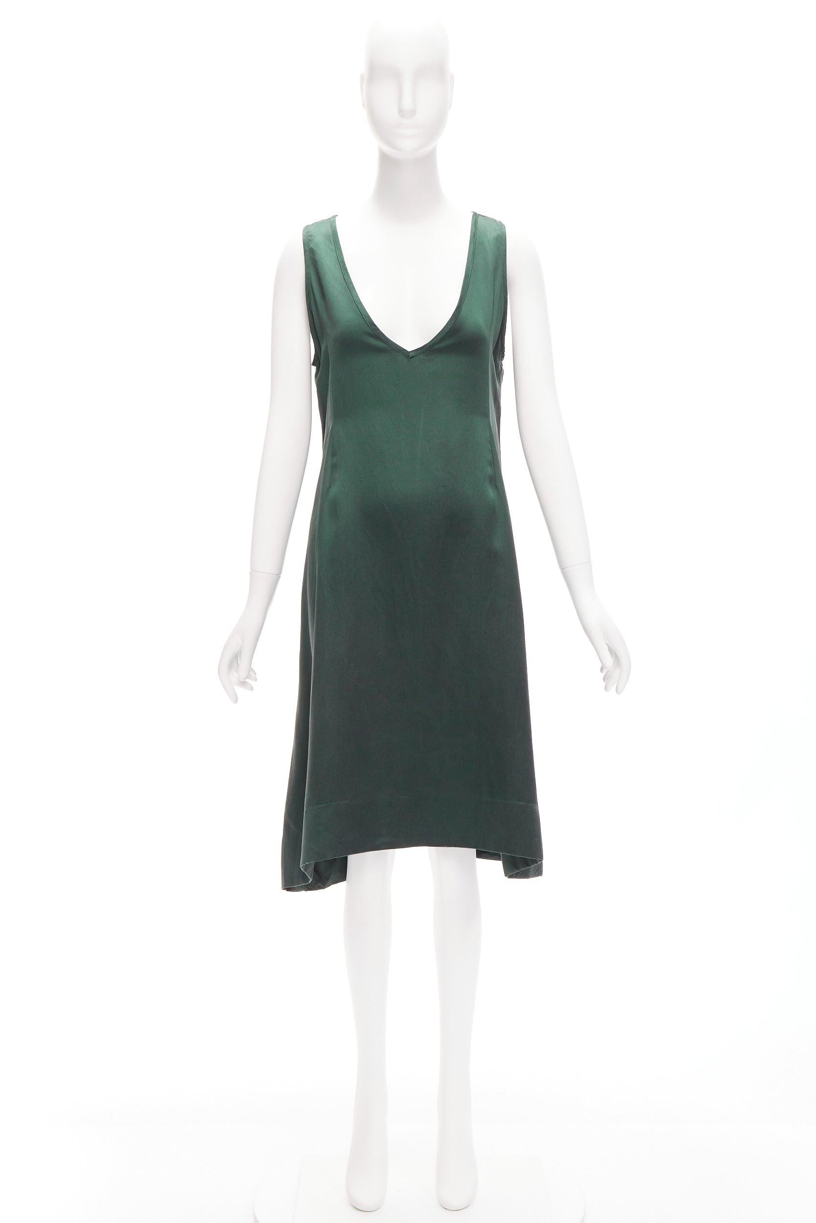 DRIES VAN NOTEN 100% silk dark green plunge neck sleeveless trapeze dress S For Sale 3