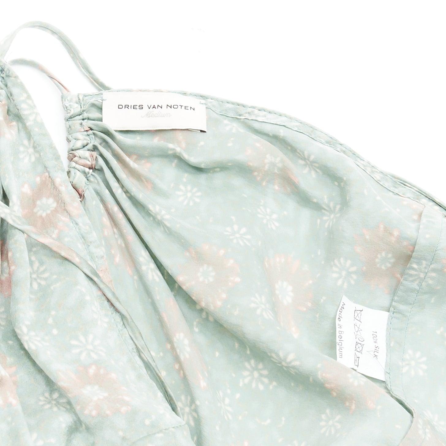DRIES VAN NOTEN 100% silk green blue floral tie die slip vest top M For Sale 3