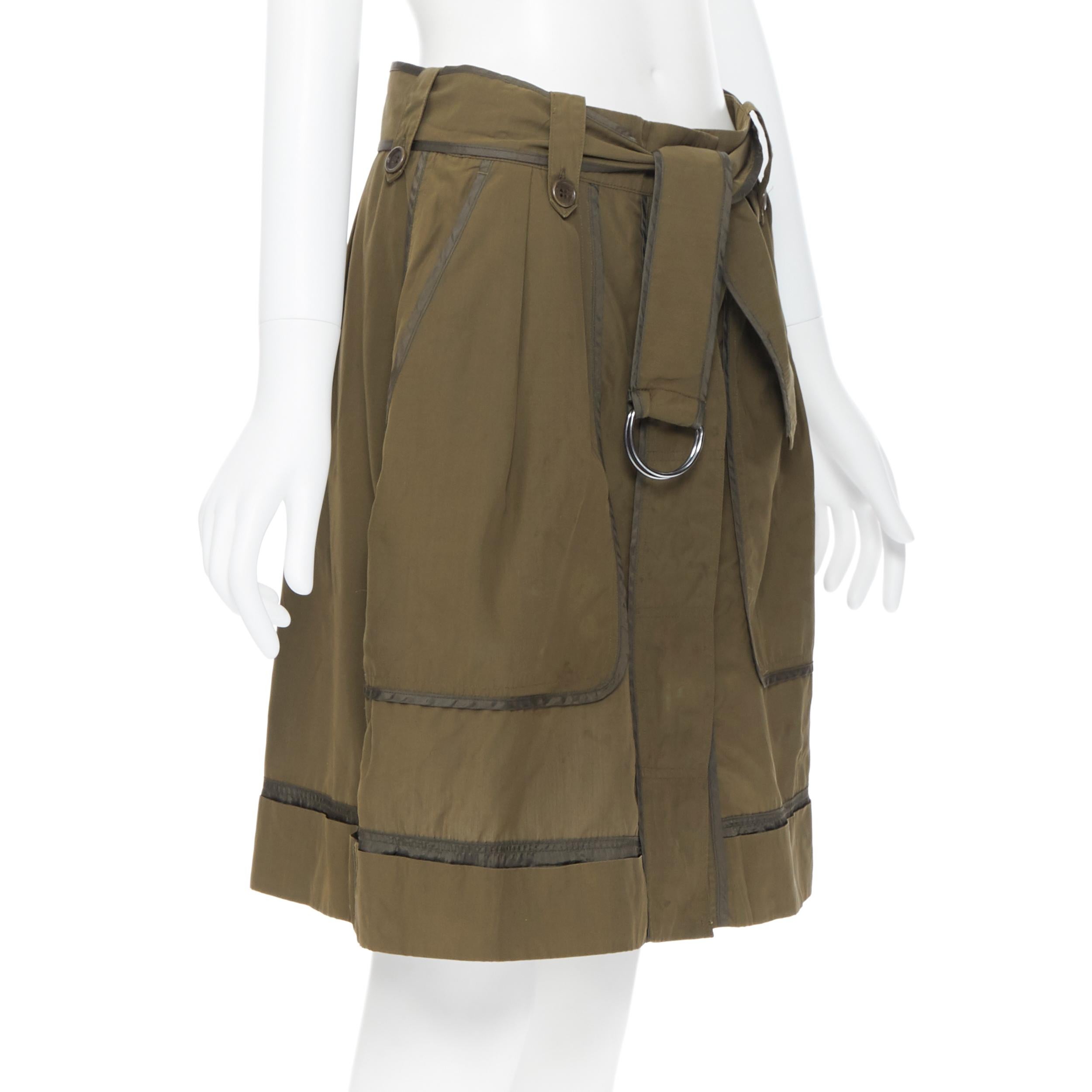 DRIES VAN NOTEN 100% seda verde caqui diseño de costura invertida falda con cinturón FR36 en Bueno Estado en Hong Kong, NT