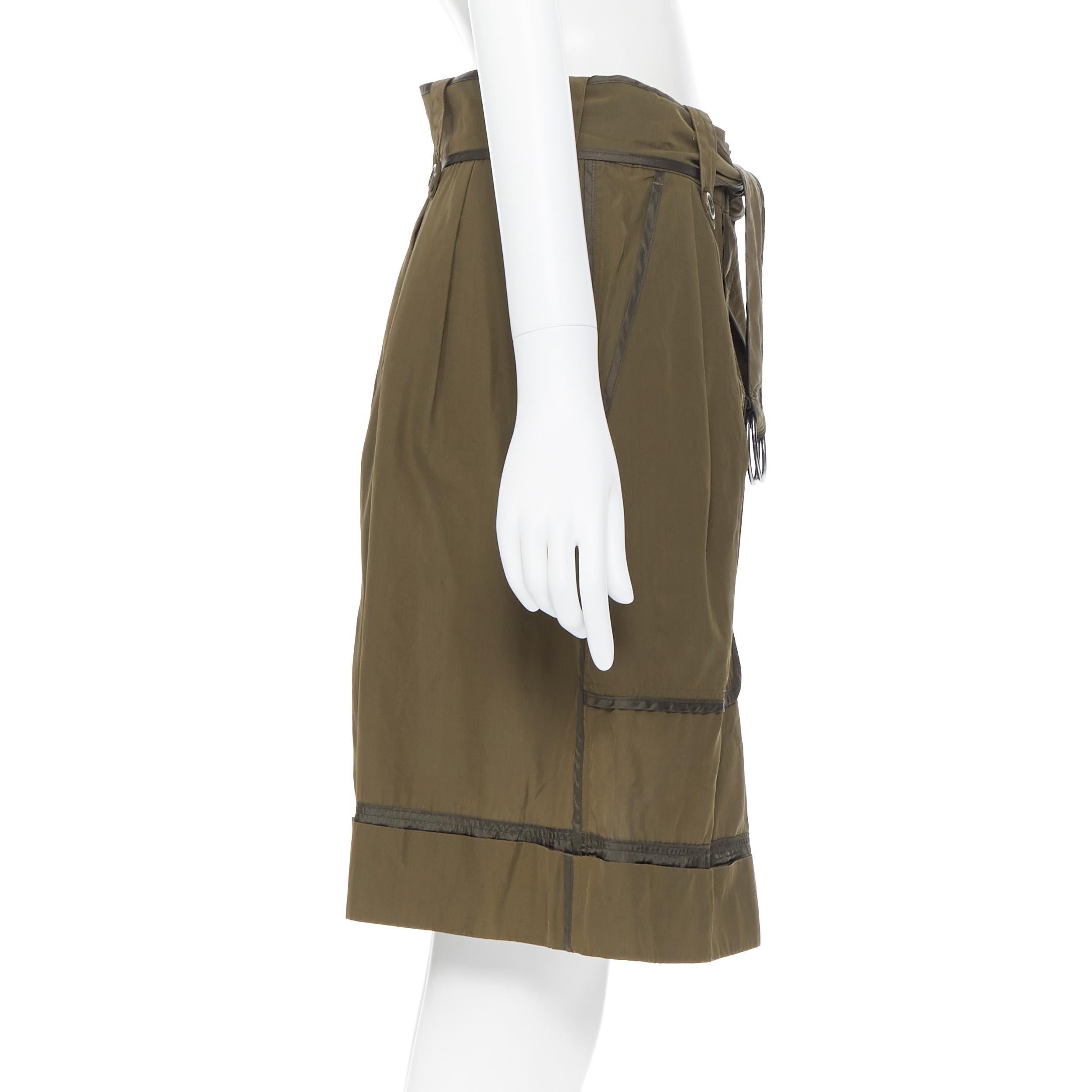 De las mujeres DRIES VAN NOTEN 100% seda verde caqui diseño de costura invertida falda con cinturón FR36