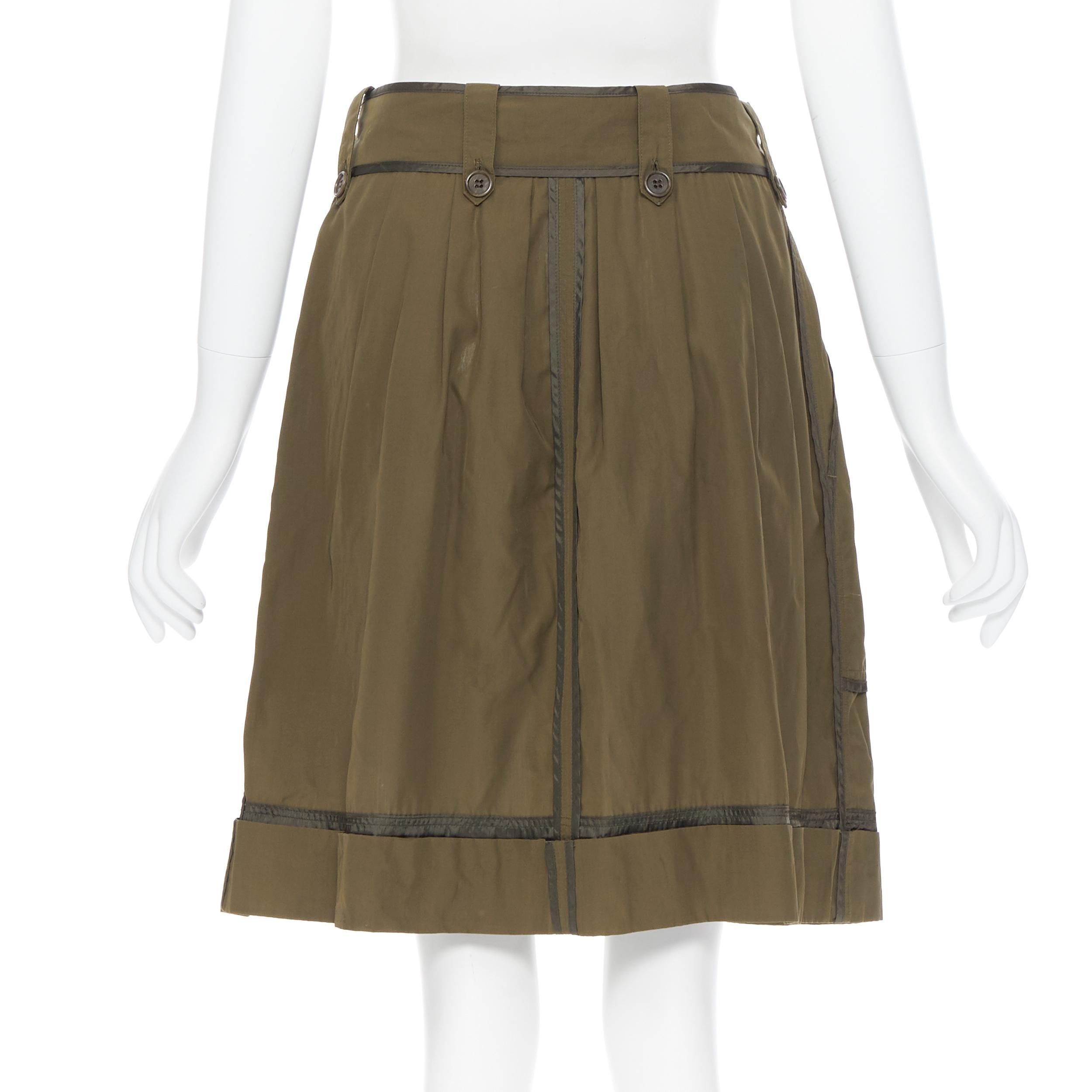 DRIES VAN NOTEN 100% seda verde caqui diseño de costura invertida falda con cinturón FR36 1