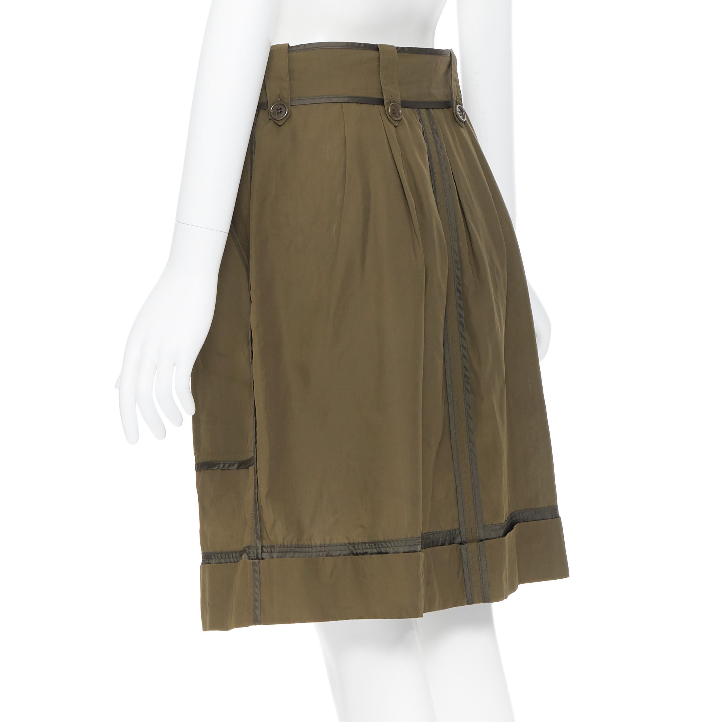 DRIES VAN NOTEN 100% seda verde caqui diseño de costura invertida falda con cinturón FR36 2