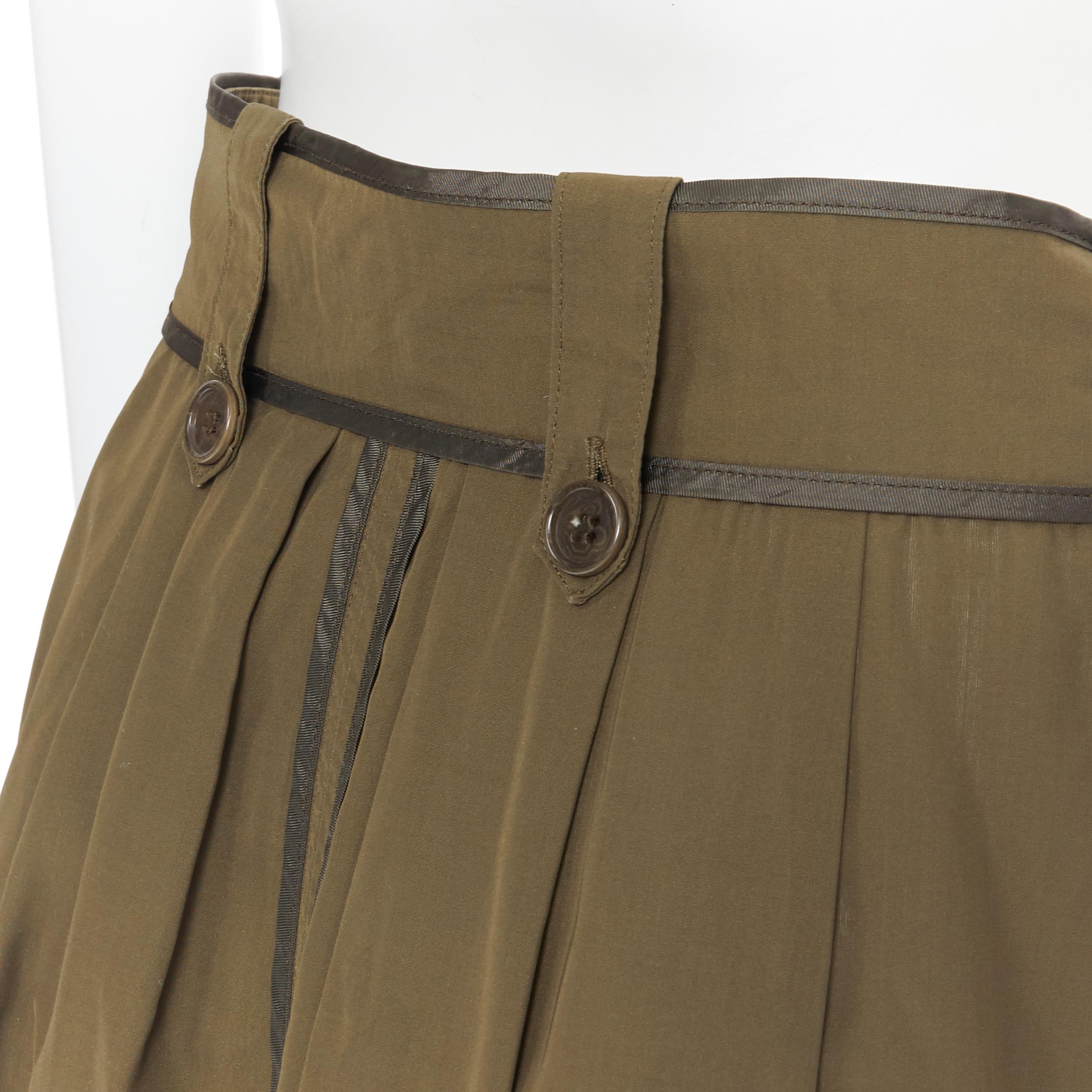 DRIES VAN NOTEN 100% seda verde caqui diseño de costura invertida falda con cinturón FR36 3