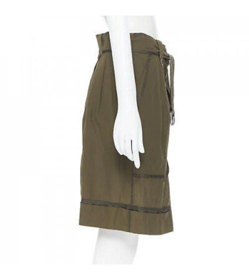 Women's DRIES VAN NOTEN 100% silk khaki green reversed seam design belt tie skirt FR36 S