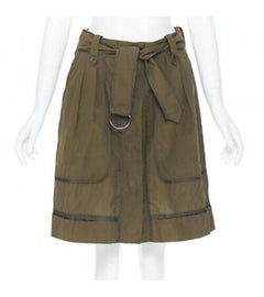 DRIES VAN NOTEN 100% silk khaki green reversed seam design belt tie skirt FR36 S