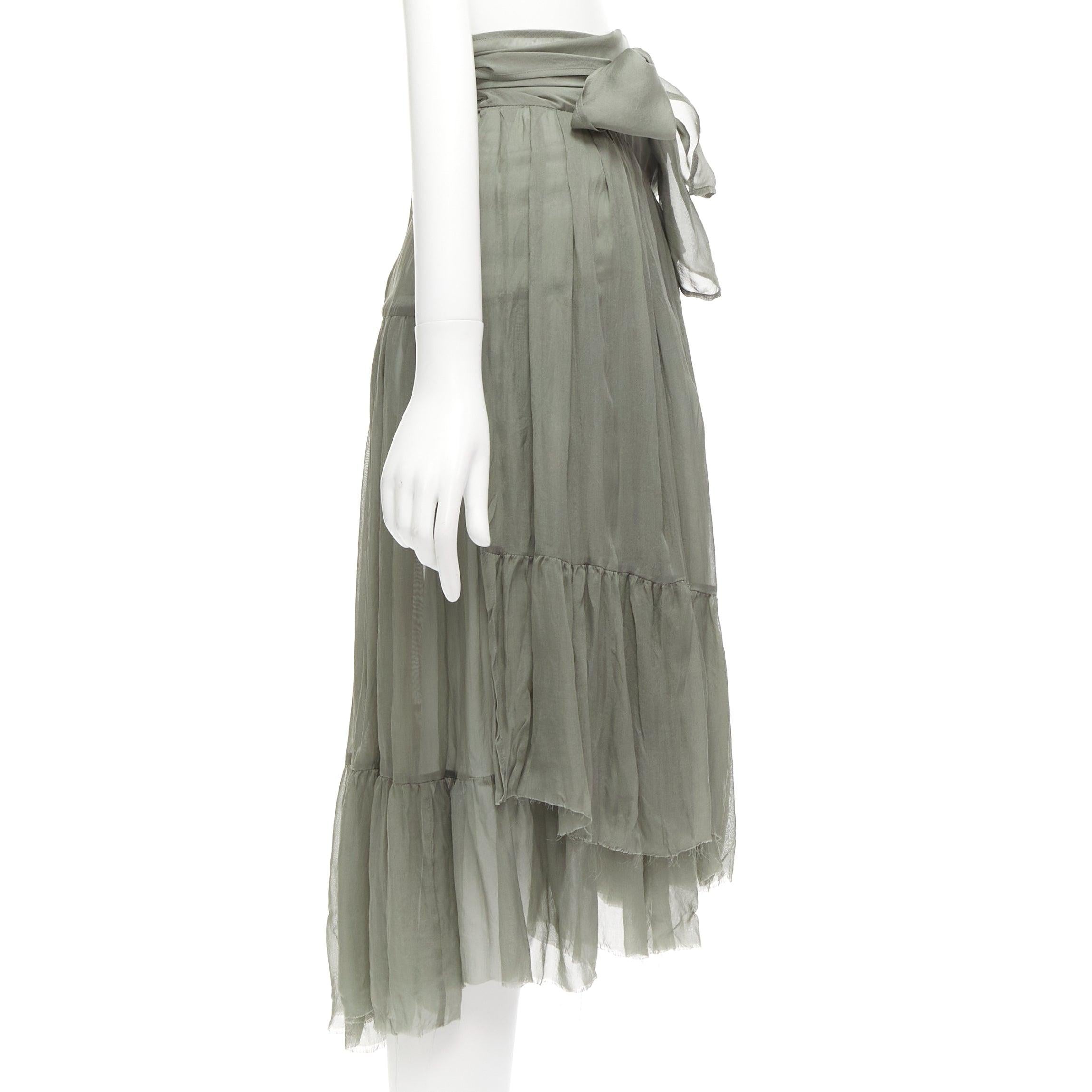 Gray DRIES VAN NOTEN 100% silk military green sheer wrap tie skirt FR38 M For Sale