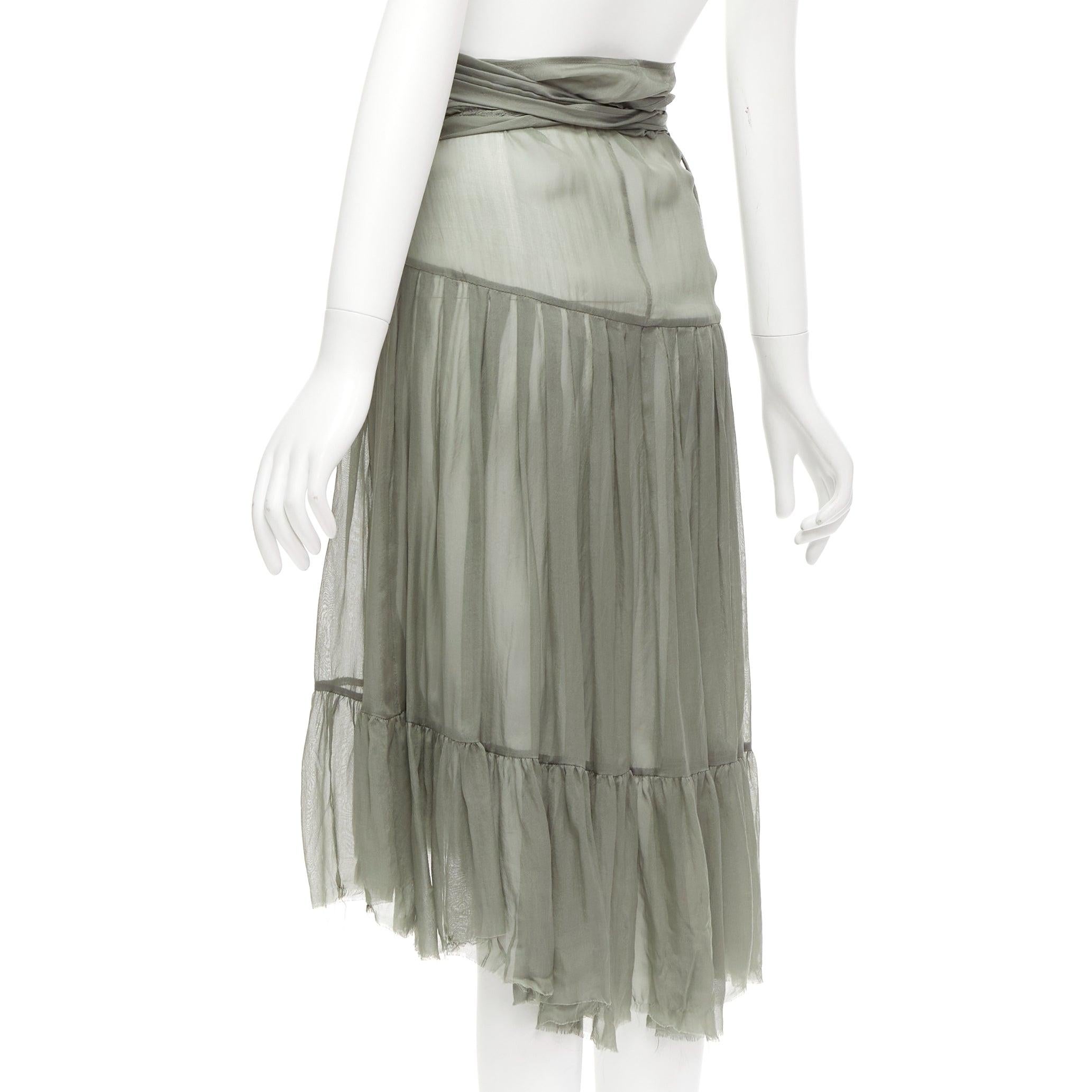 Women's DRIES VAN NOTEN 100% silk military green sheer wrap tie skirt FR38 M For Sale