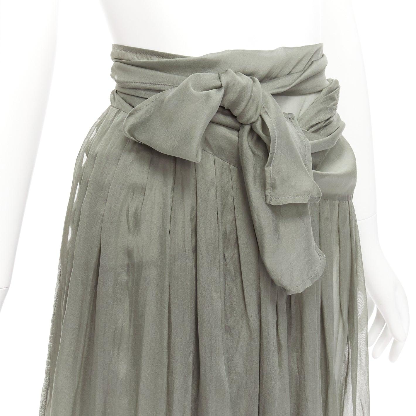DRIES VAN NOTEN 100% silk military green sheer wrap tie skirt FR38 M For Sale 1