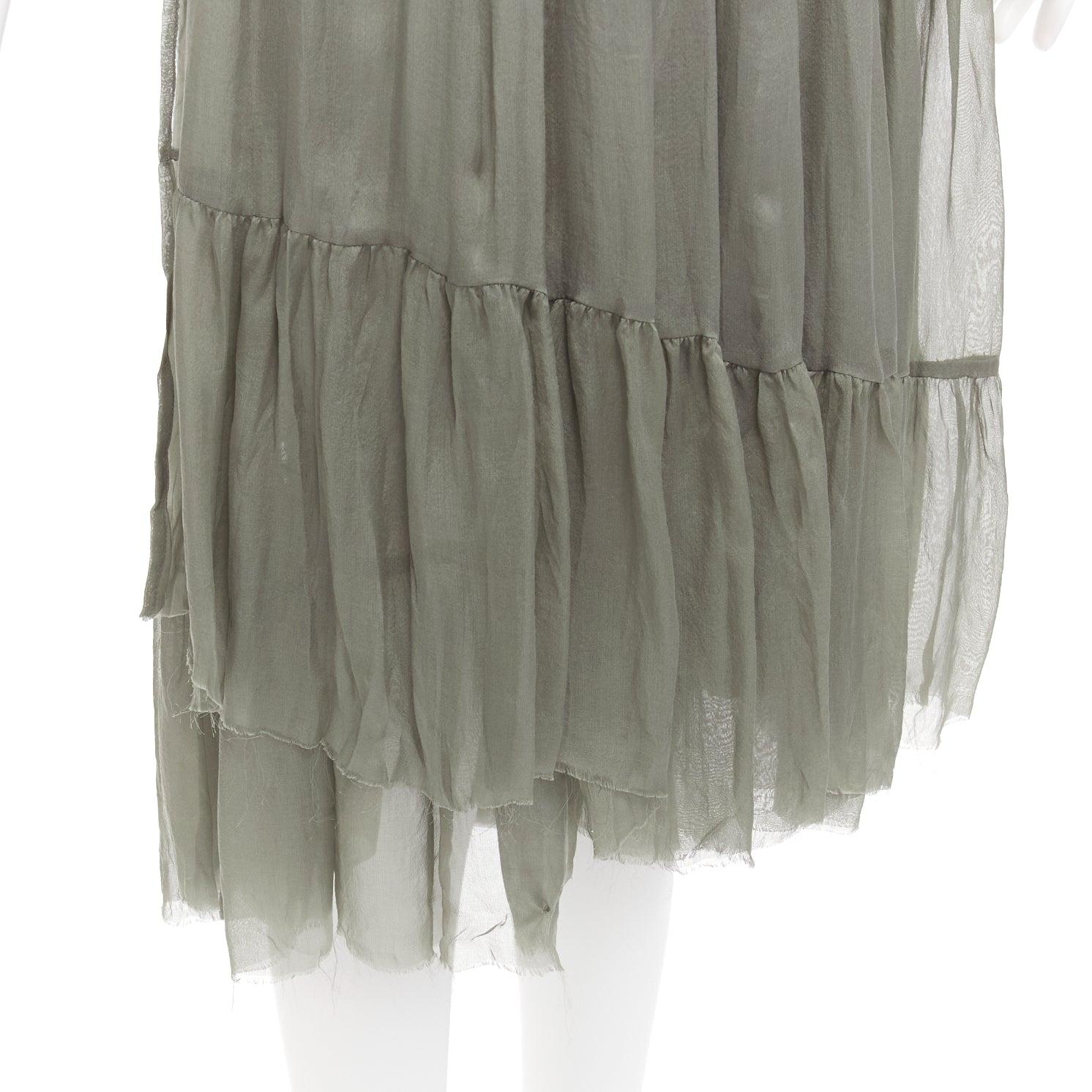 DRIES VAN NOTEN 100% silk military green sheer wrap tie skirt FR38 M For Sale 2