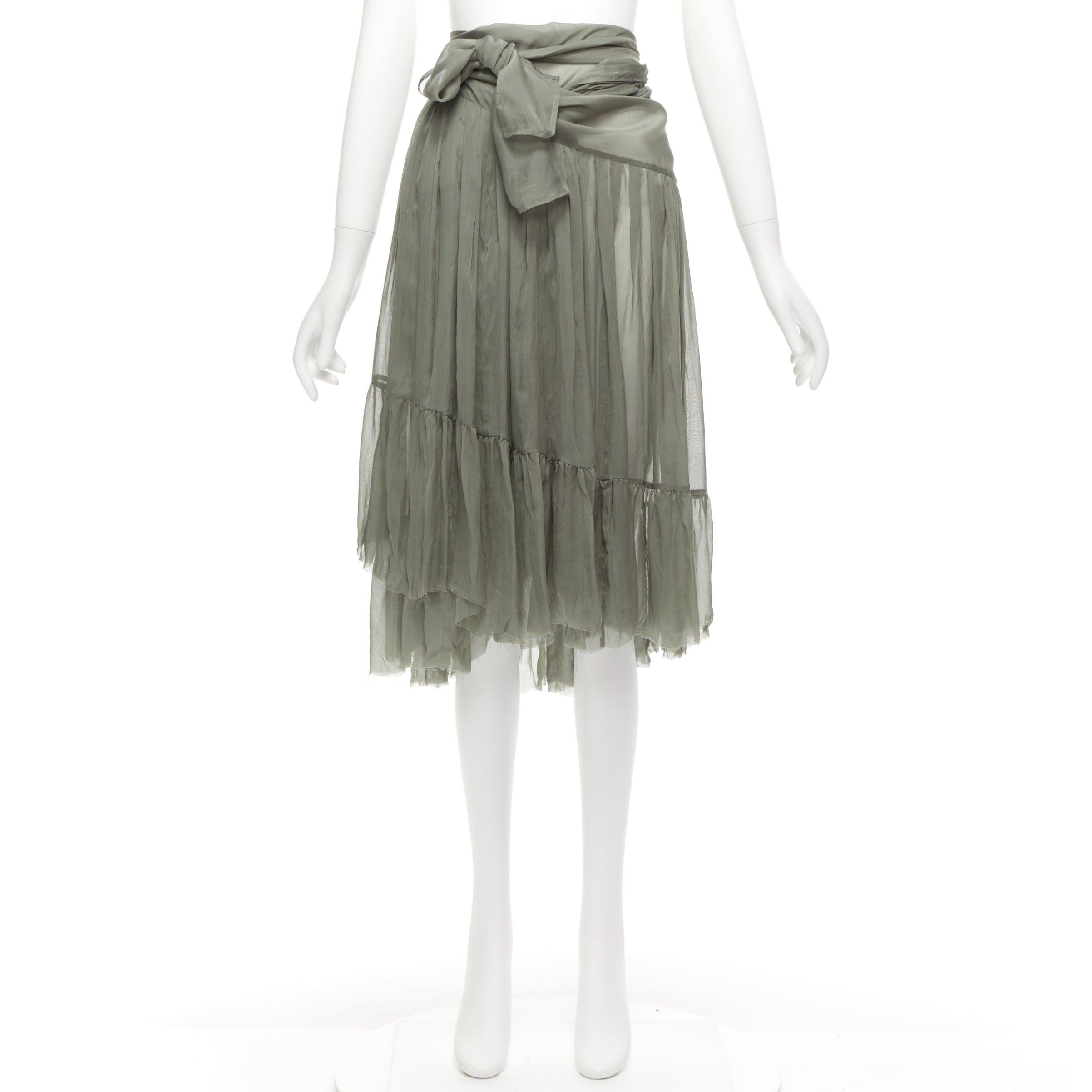 DRIES VAN NOTEN 100% silk military green sheer wrap tie skirt FR38 M For Sale 3