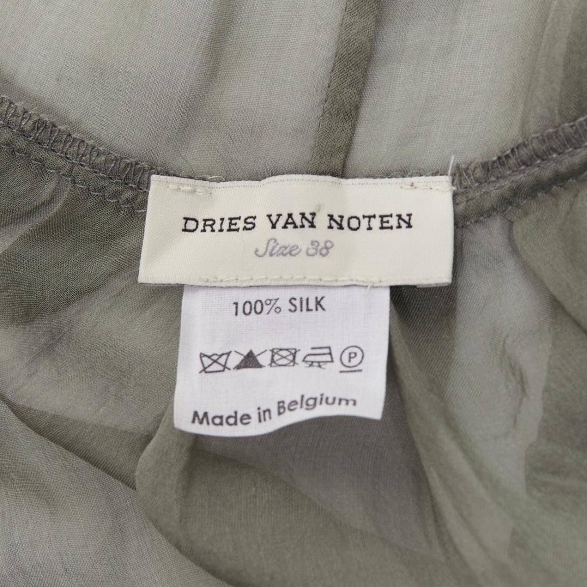 DRIES VAN NOTEN 100% silk military green sheer wrap tie skirt FR38 M For Sale 4