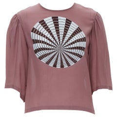 DRIES VAN NOTEN 100% silk purple optical psychedellic puff sleeve blouse FR40 M