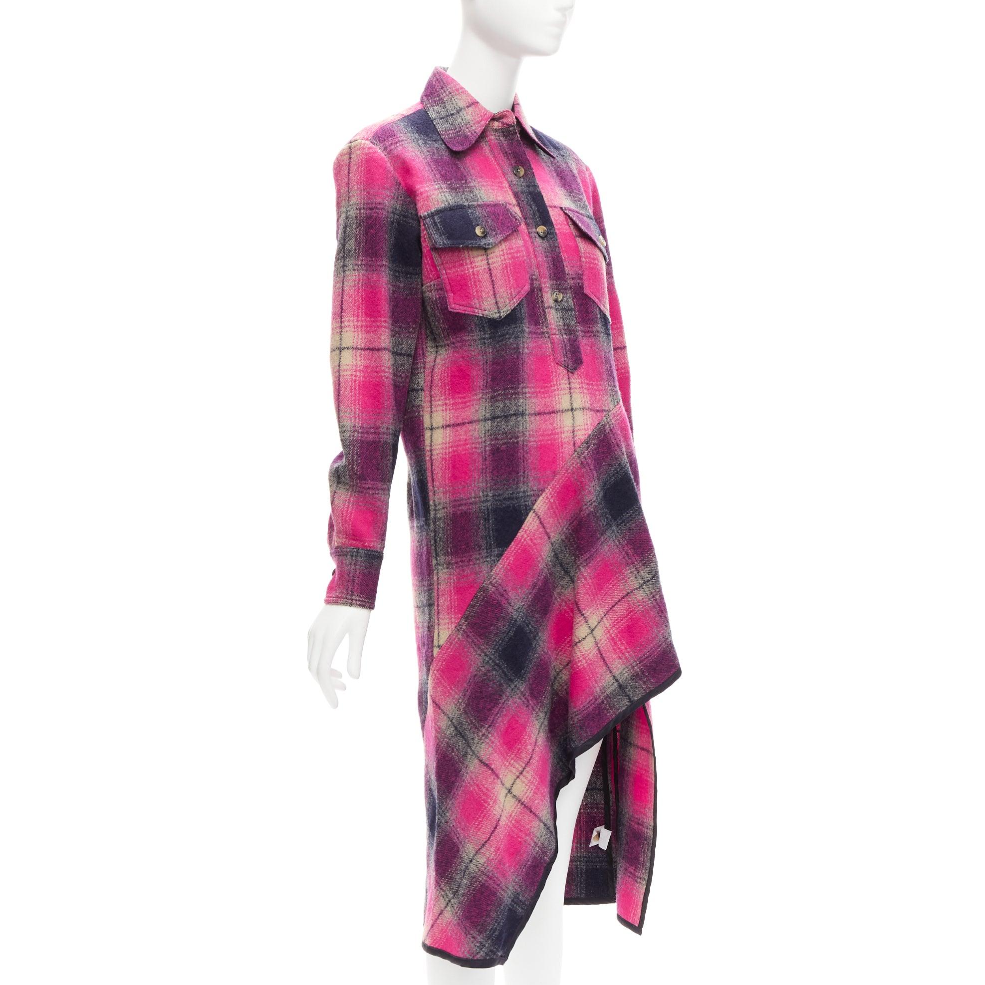 Pink DRIES VAN NOTEN 100% wool black pink plaid bias splice hem dress FR34 XS For Sale