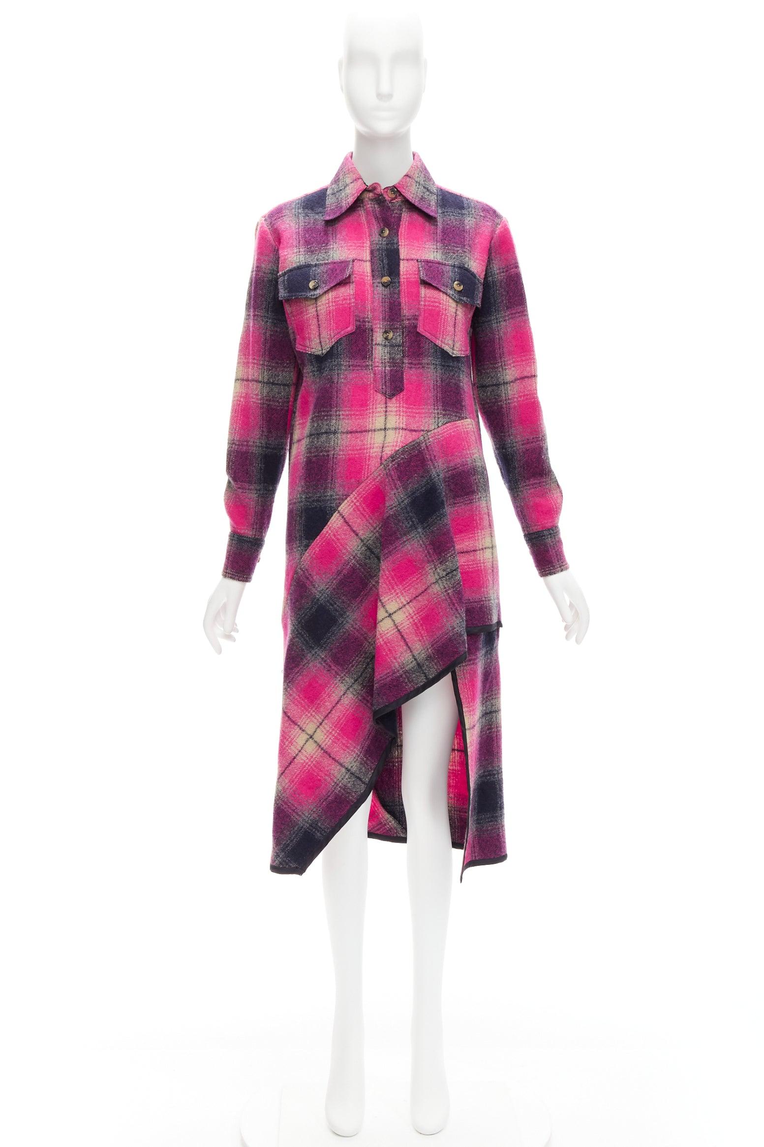 DRIES VAN NOTEN 100% wool black pink plaid bias splice hem dress FR34 XS For Sale 2