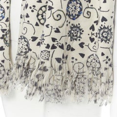 DRIES VAN NOTEN 100% wool illustration print bead embellished frayed scarf
