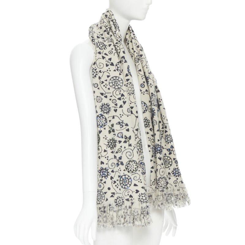 Gray DRIES VAN NOTEN 100% wool illustration print bead embellished frayed scarf For Sale
