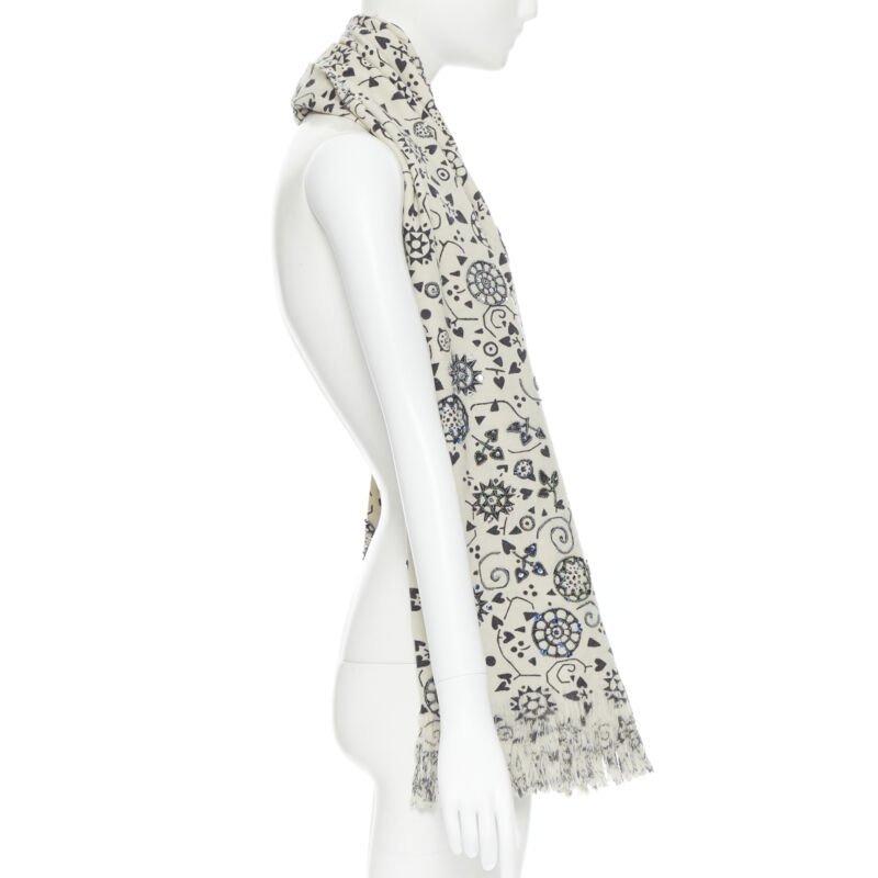 DRIES VAN NOTEN 100% wool illustration print bead embellished frayed scarf In Good Condition For Sale In Hong Kong, NT
