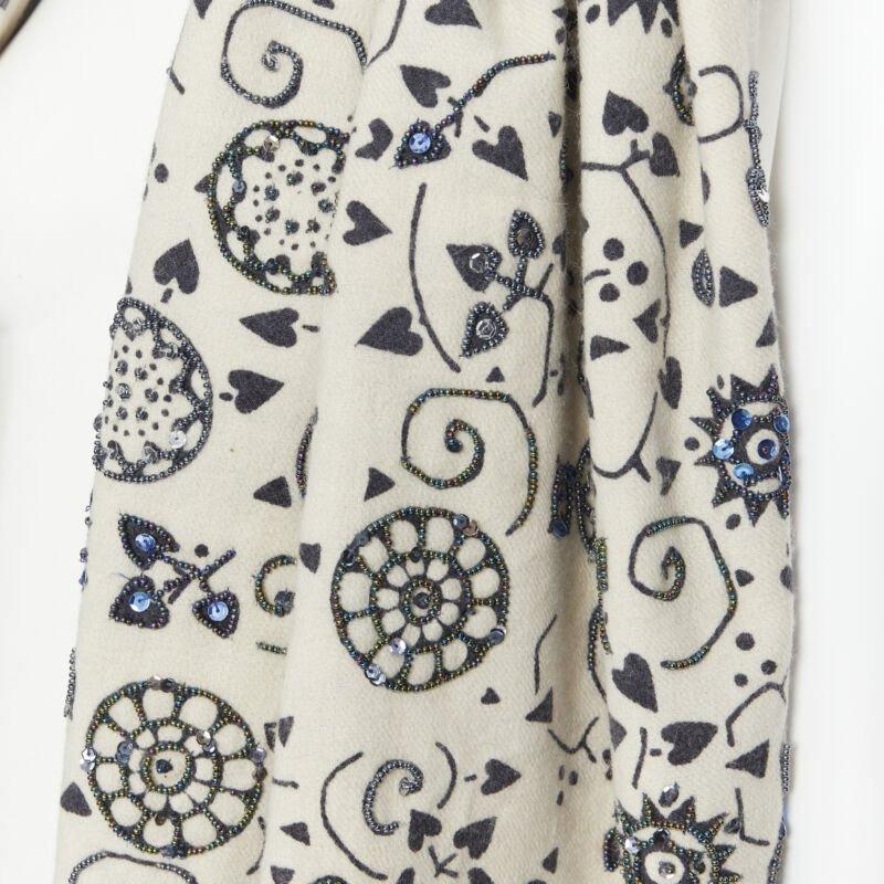 DRIES VAN NOTEN 100% wool illustration print bead embellished frayed scarf For Sale 2