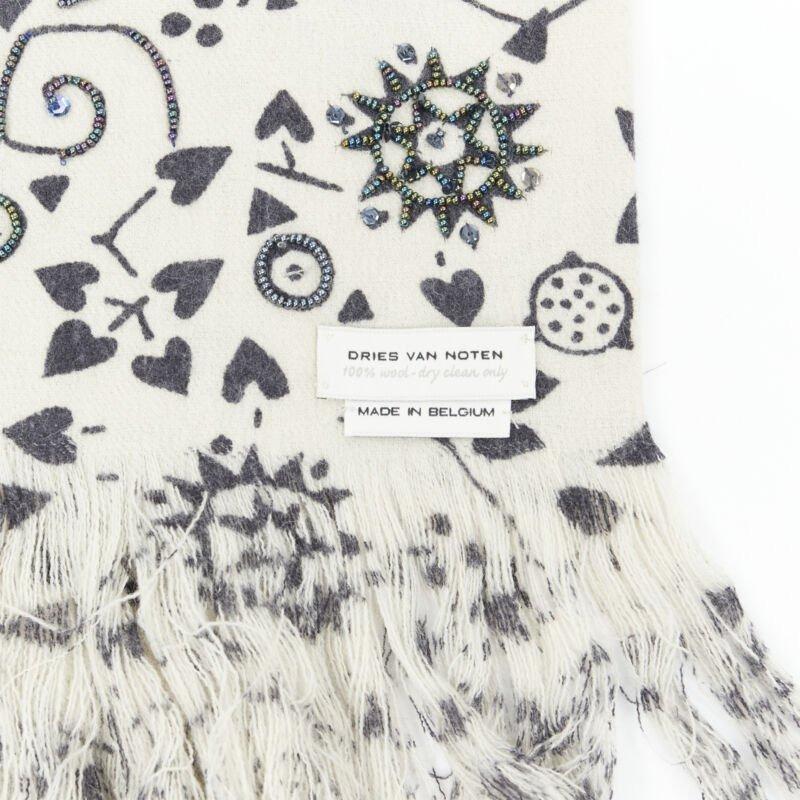 DRIES VAN NOTEN 100% wool illustration print bead embellished frayed scarf For Sale 3