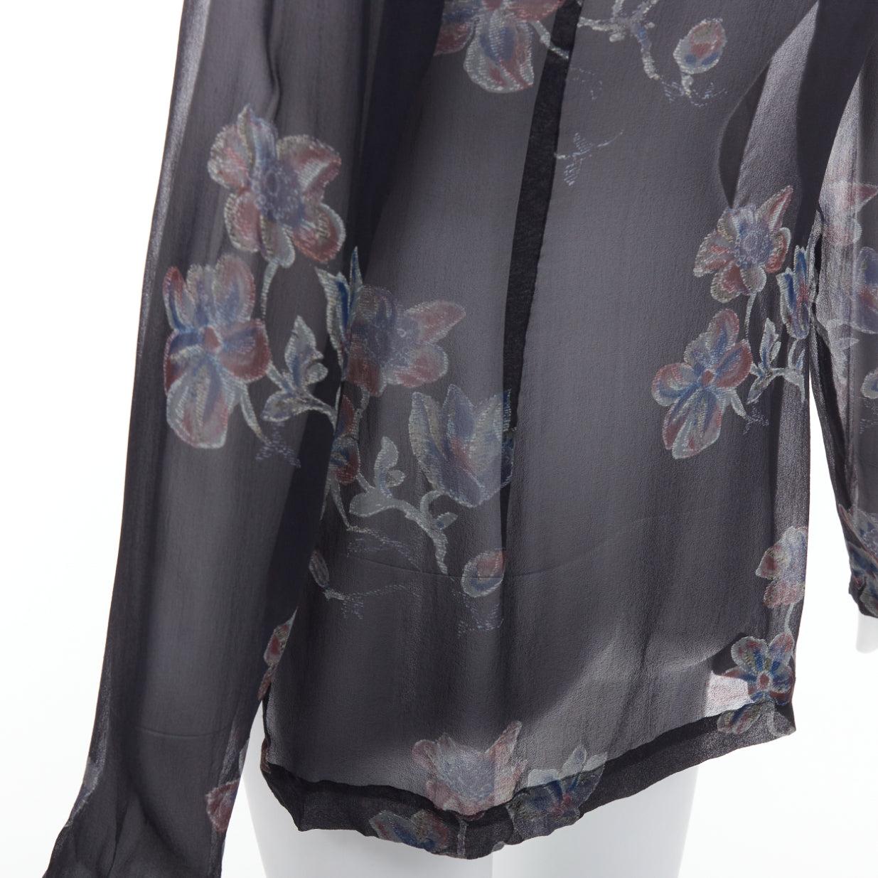 Black DRIES VAN NOTEN 1990s Vintage 100% silk floral sheer sleeves hi low blouse FR38 For Sale