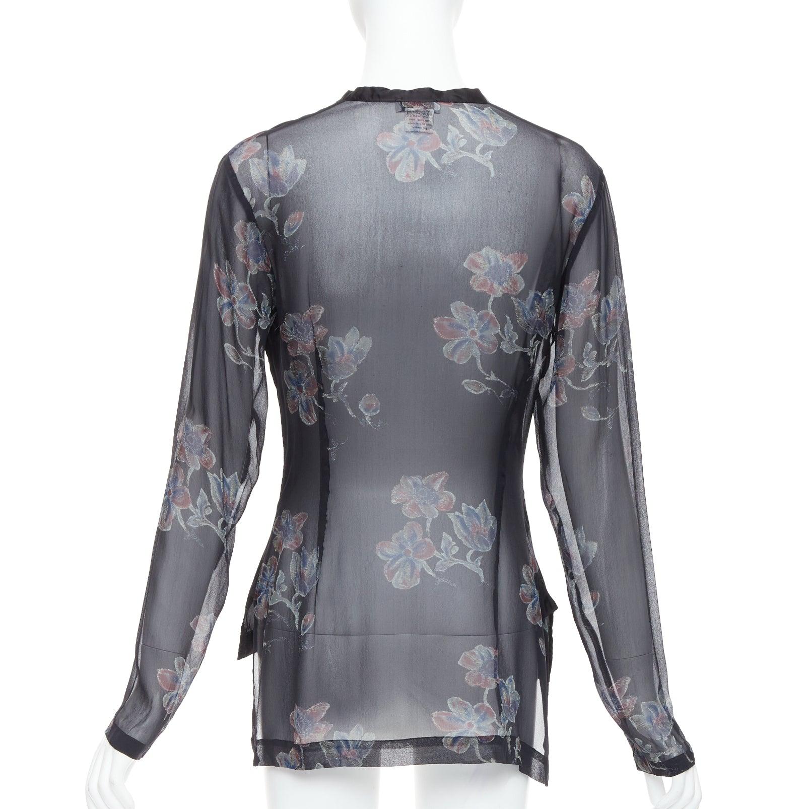 Women's DRIES VAN NOTEN 1990s Vintage 100% silk floral sheer sleeves hi low blouse FR38 For Sale