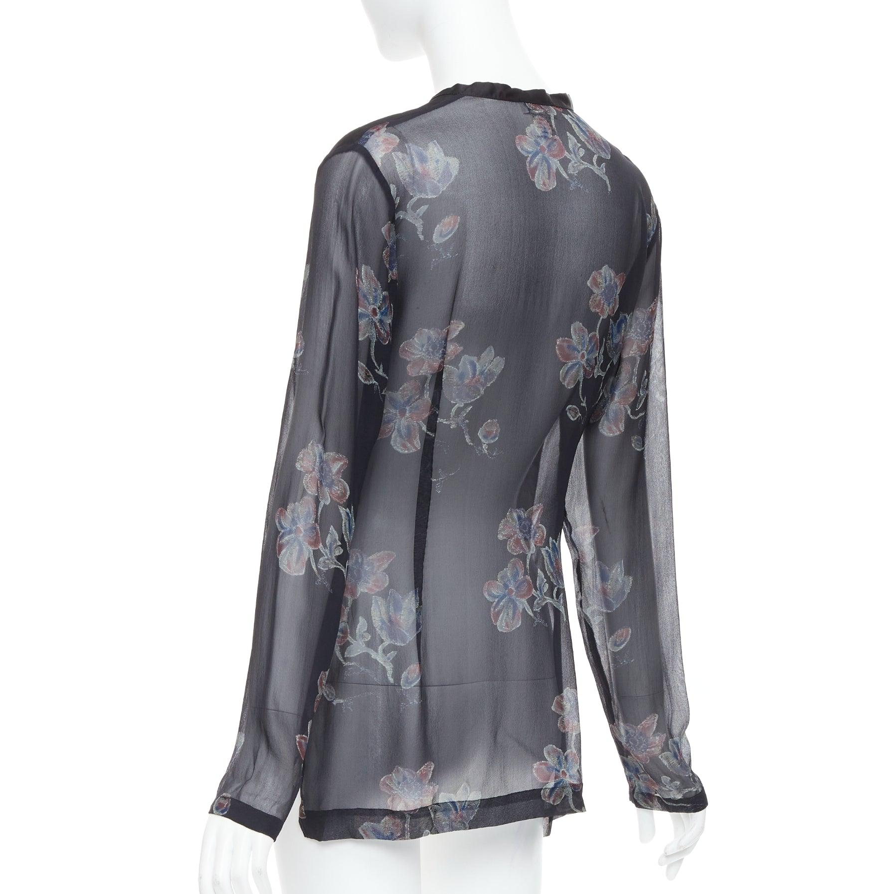 DRIES VAN NOTEN 1990s Vintage 100% silk floral sheer sleeves hi low blouse FR38 For Sale 1