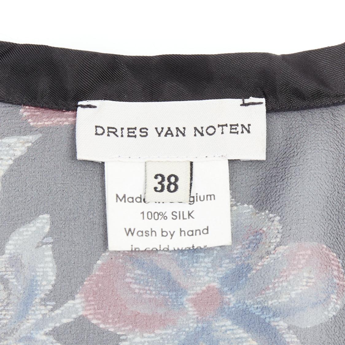 DRIES VAN NOTEN 1990s Vintage 100% silk floral sheer sleeves hi low blouse FR38 For Sale 3