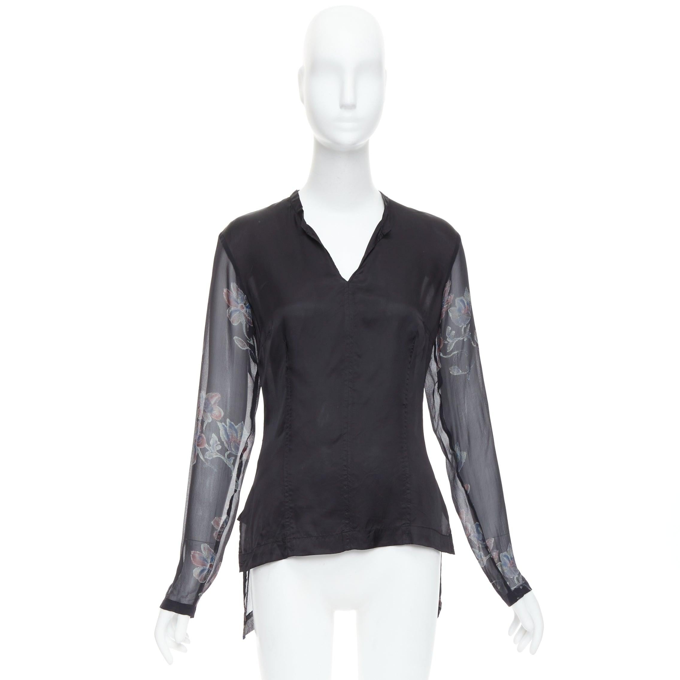 DRIES VAN NOTEN 1990s Vintage 100% silk floral sheer sleeves hi low blouse FR38 For Sale 4