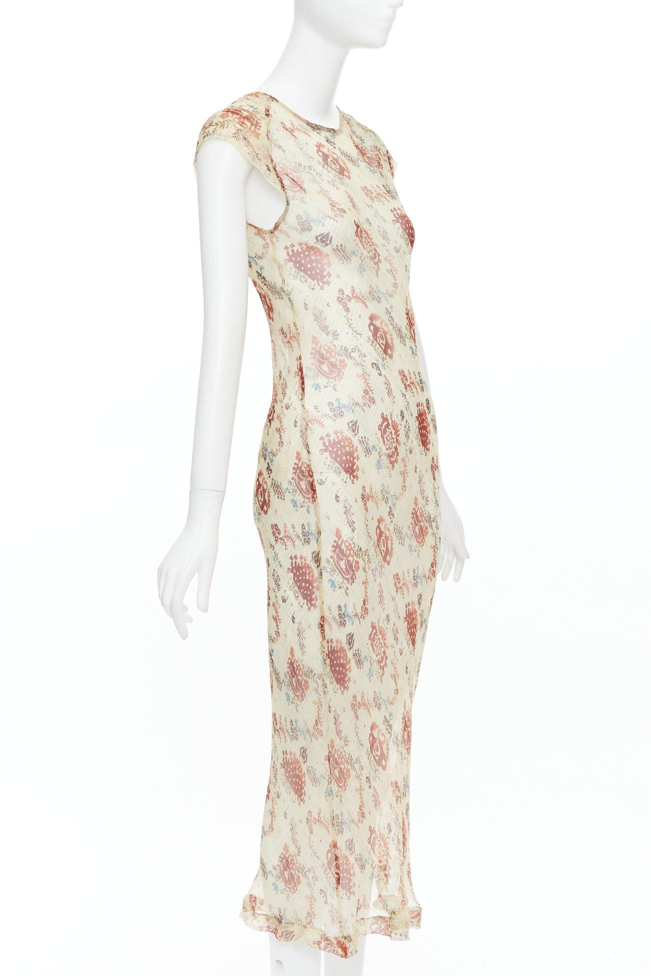 Beige DRIES VAN NOTEN 1990s Vintage nude brown floral sheer bias cut dress FR38 M