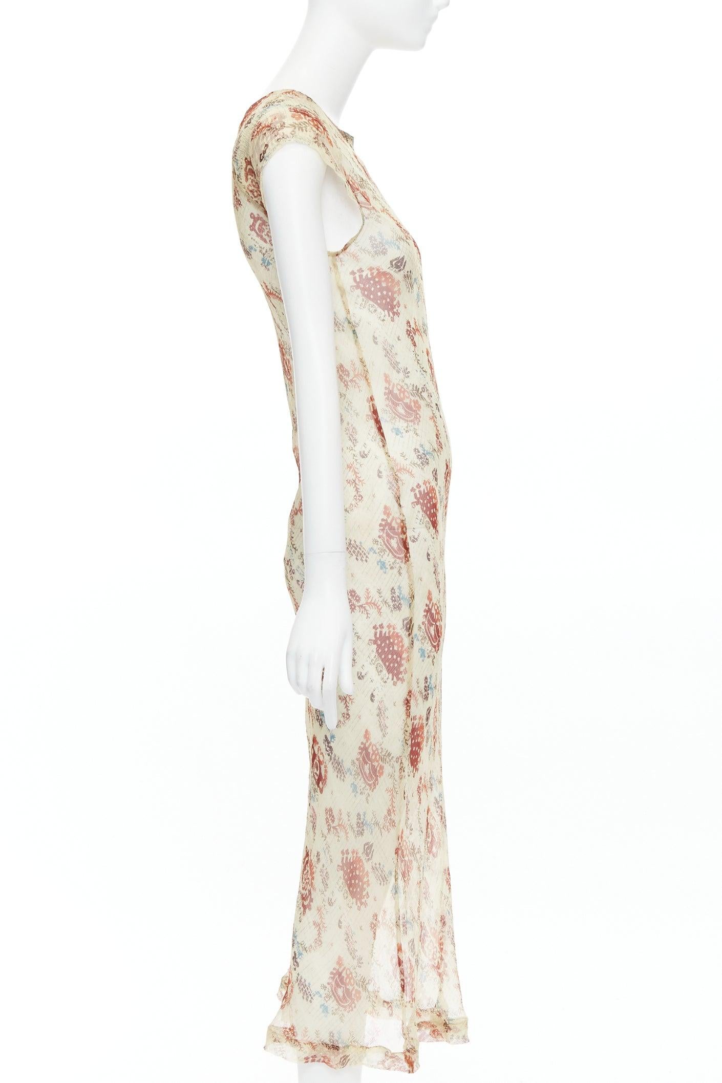 DRIES VAN NOTEN 1990s Vintage nude brown floral sheer bias cut dress FR38 M In Excellent Condition In Hong Kong, NT