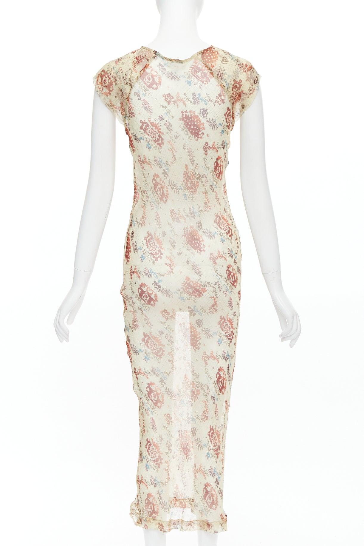 Women's DRIES VAN NOTEN 1990s Vintage nude brown floral sheer bias cut dress FR38 M
