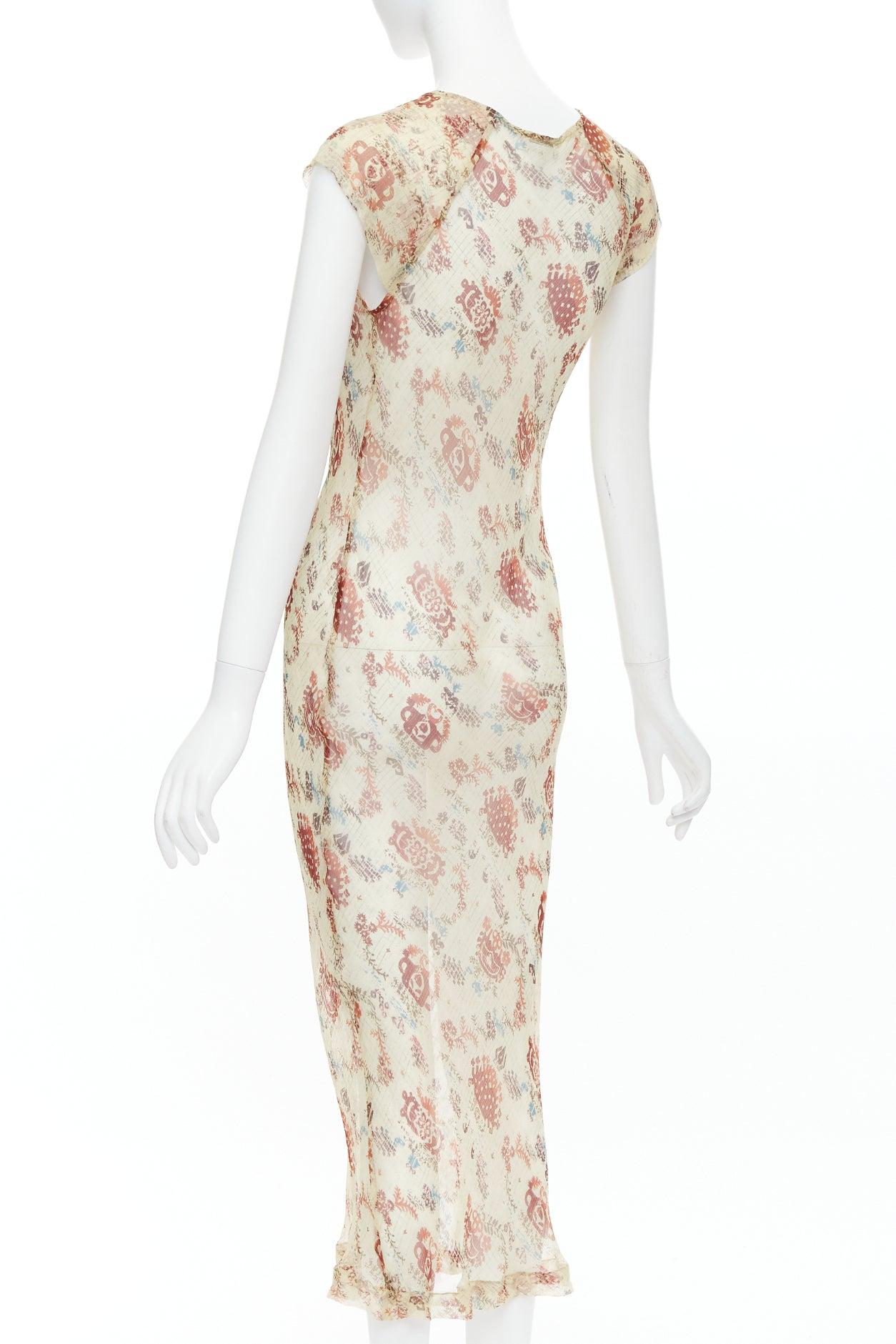 DRIES VAN NOTEN 1990s Vintage nude brown floral sheer bias cut dress FR38 M 1