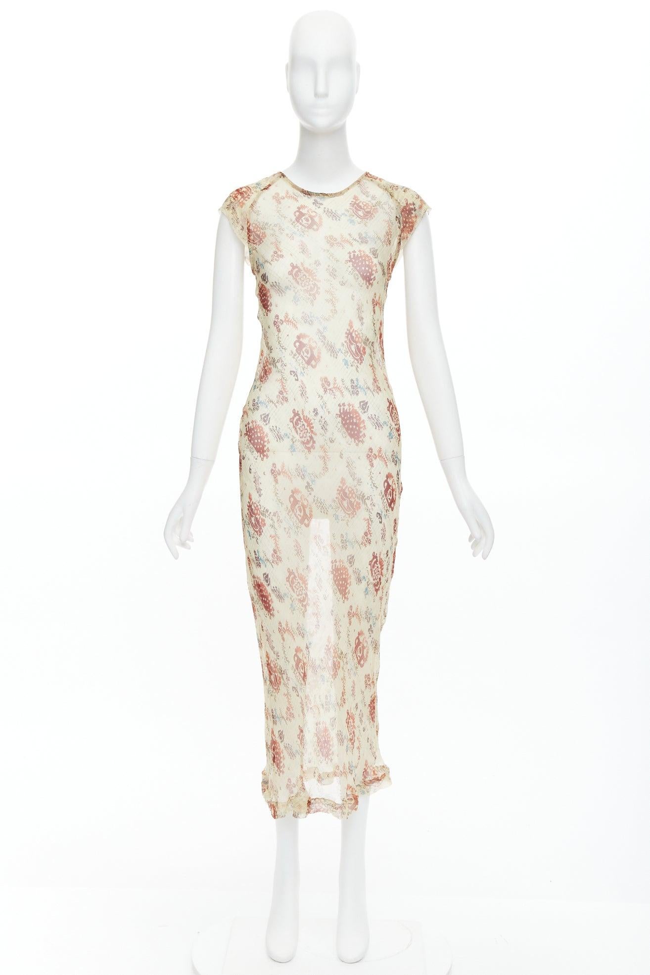 DRIES VAN NOTEN 1990s Vintage nude brown floral sheer bias cut dress FR38 M 4