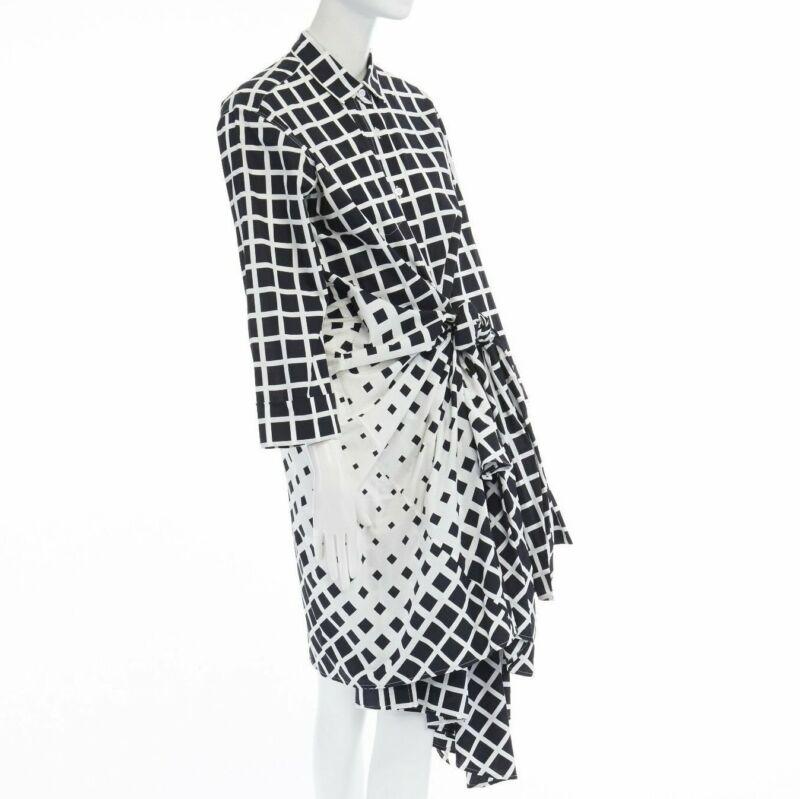 Gray DRIES VAN NOTEN 2009 Runway black white checked wrap bustle knot dress FR36 S