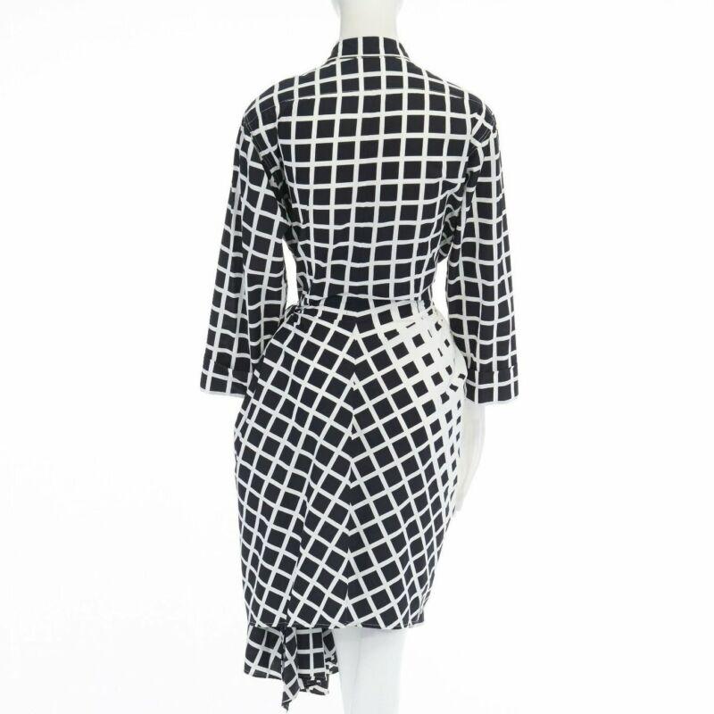 Women's DRIES VAN NOTEN 2009 Runway black white checked wrap bustle knot dress FR36 S
