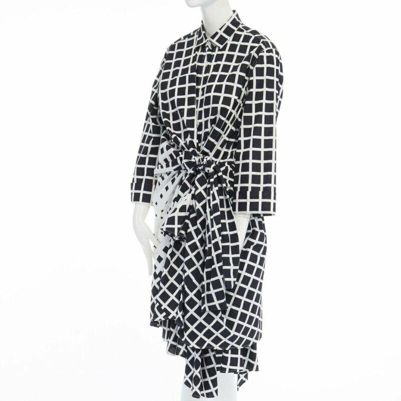 DRIES VAN NOTEN 2009 Runway black white checked wrap bustle knot dress FR36 S 2