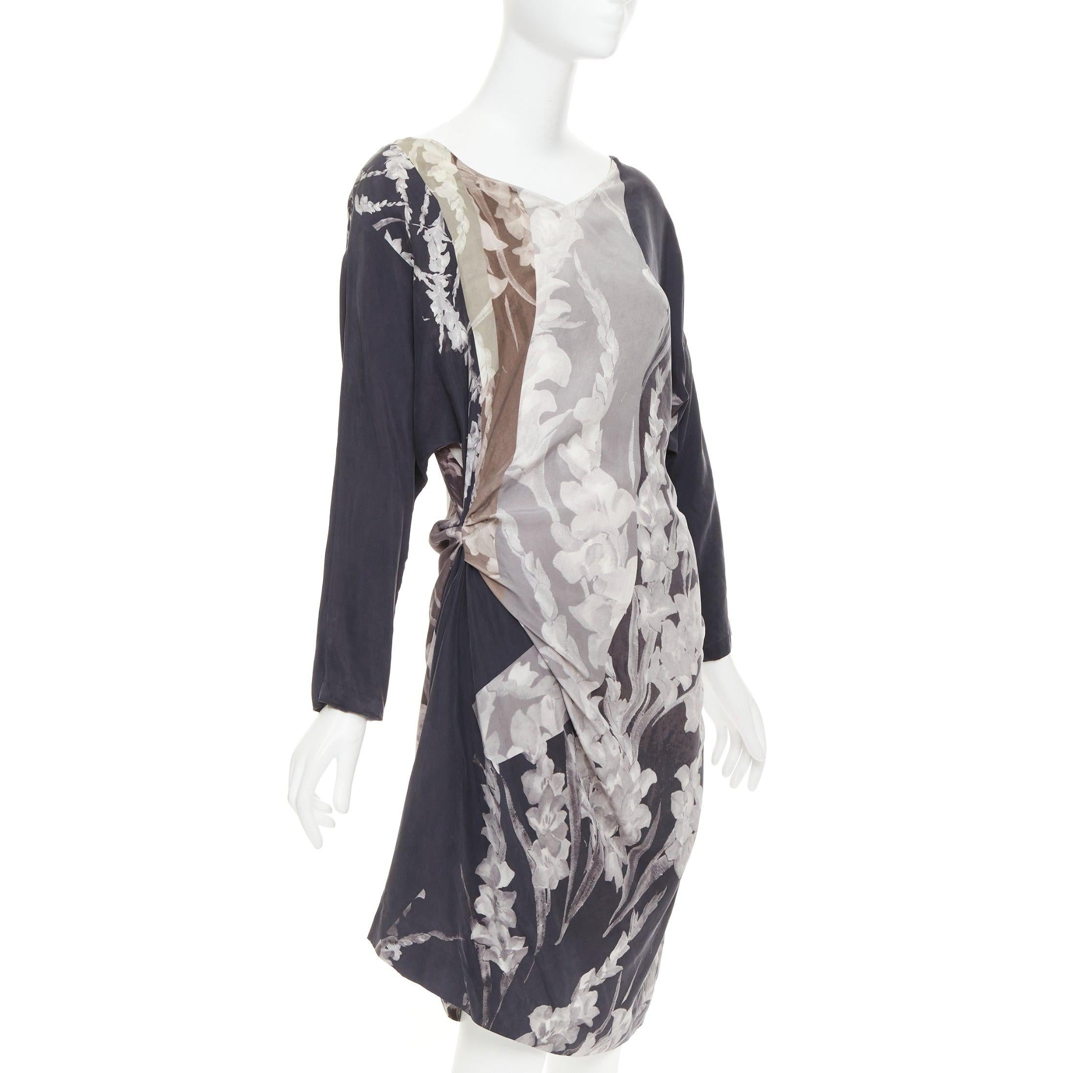 Gray DRIES VAN NOTEN 2009 Vintage silk floral print asymmetric drape dress FR38 M For Sale