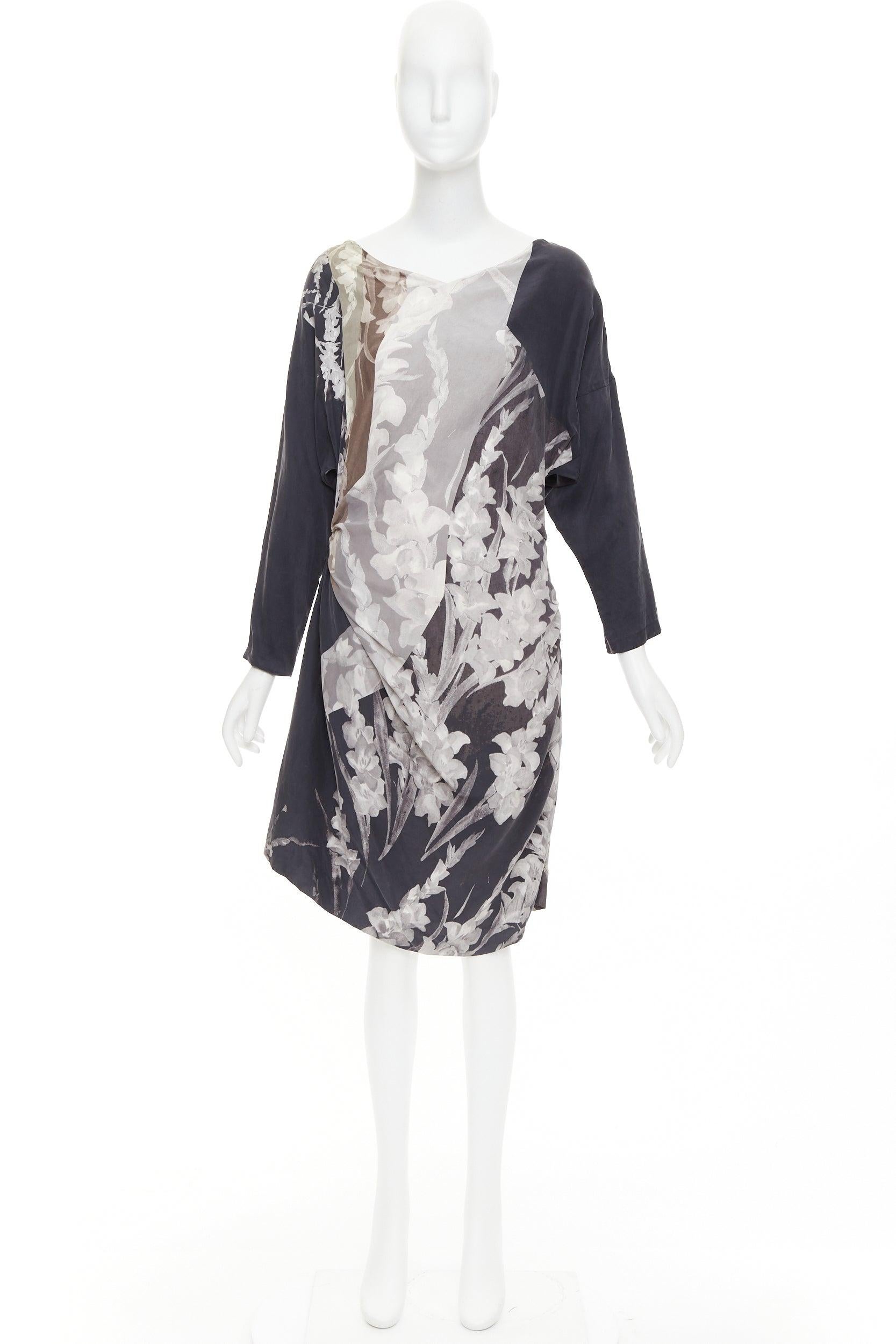 DRIES VAN NOTEN 2009 Vintage silk floral print asymmetric drape dress FR38 M For Sale 4