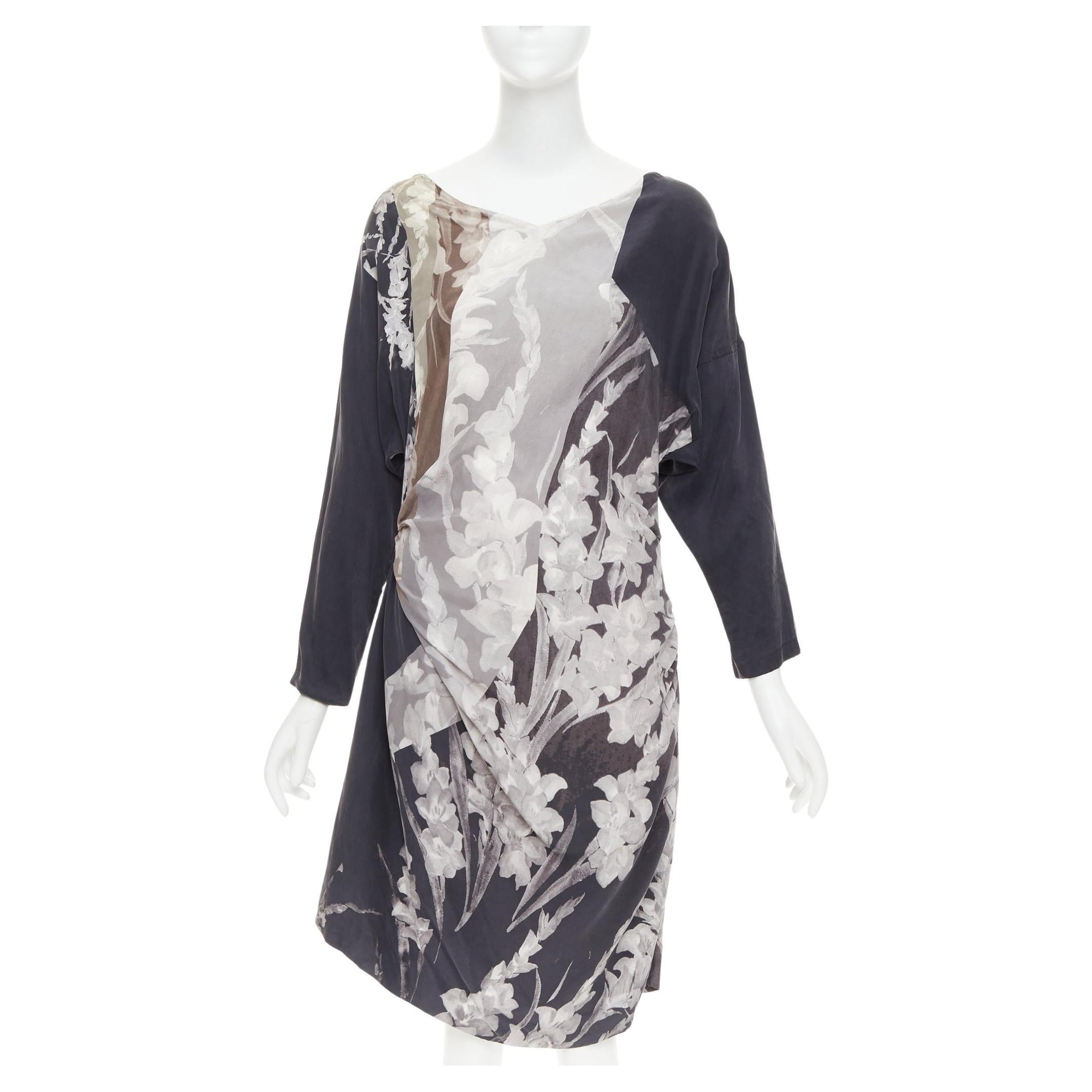 DRIES VAN NOTEN 2009 Vintage silk floral print asymmetric drape dress FR38 M For Sale