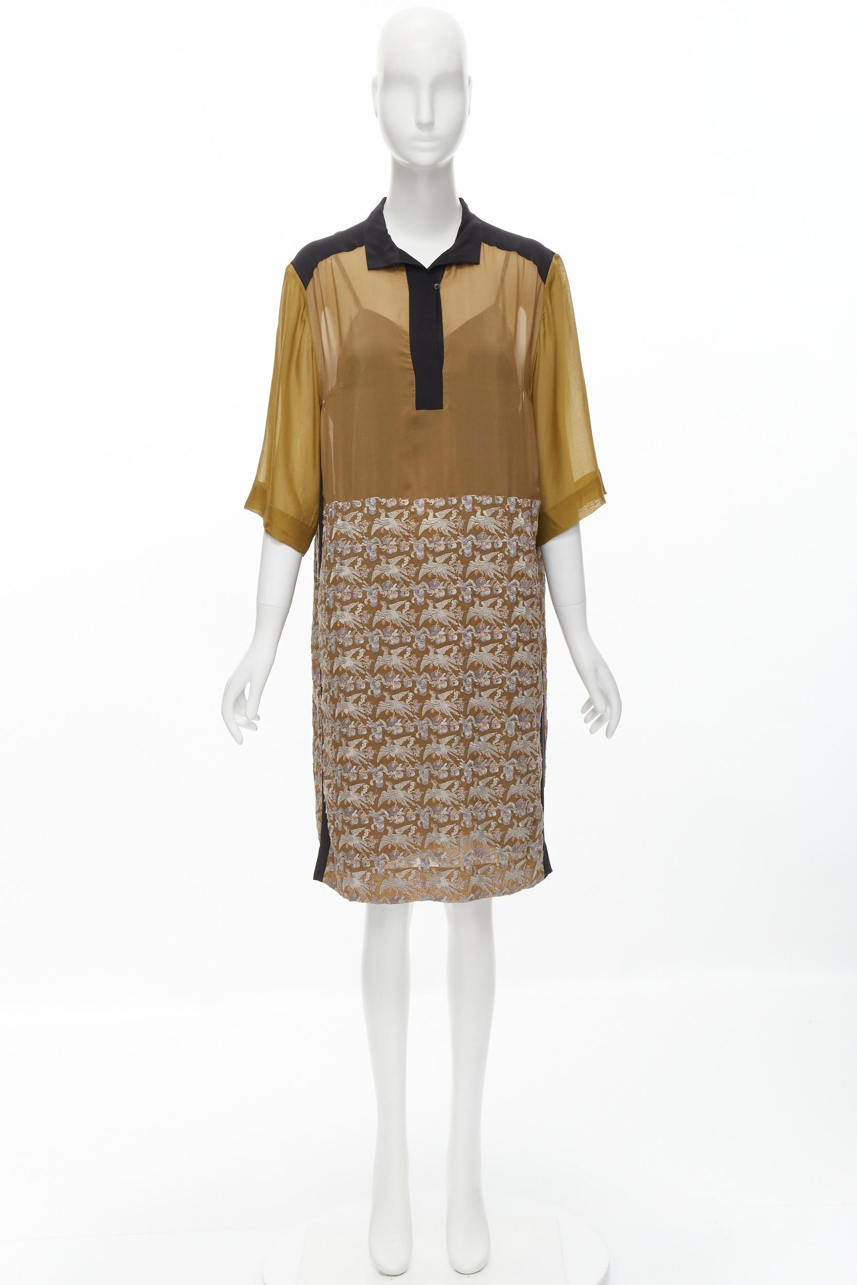 DRIES VAN NOTEN 2012 gold oriental crane embroidery shift dress FR36 S For Sale 5