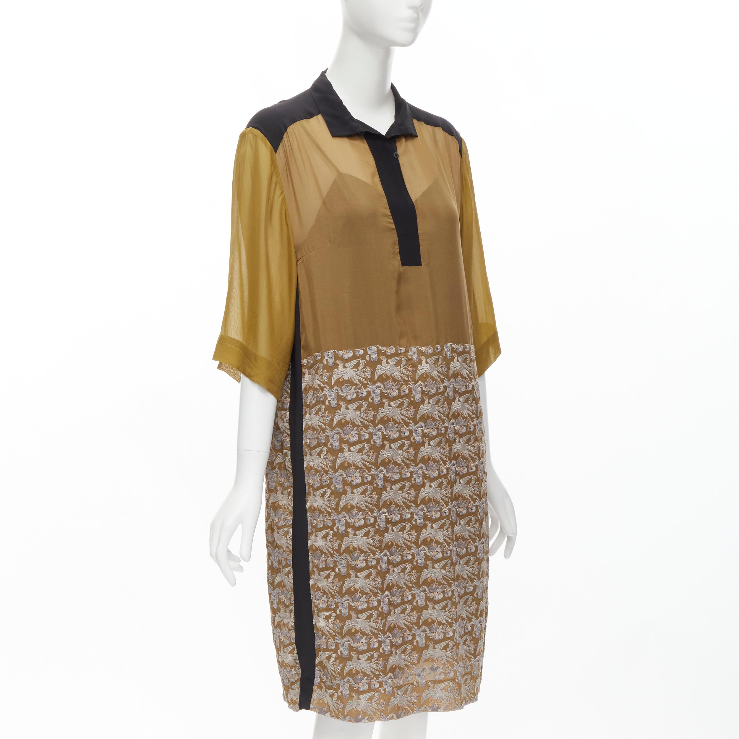 Marron DRIES VAN NOTEN Robe droite dorée à broderie grues orientales FR36 S, 2012 en vente