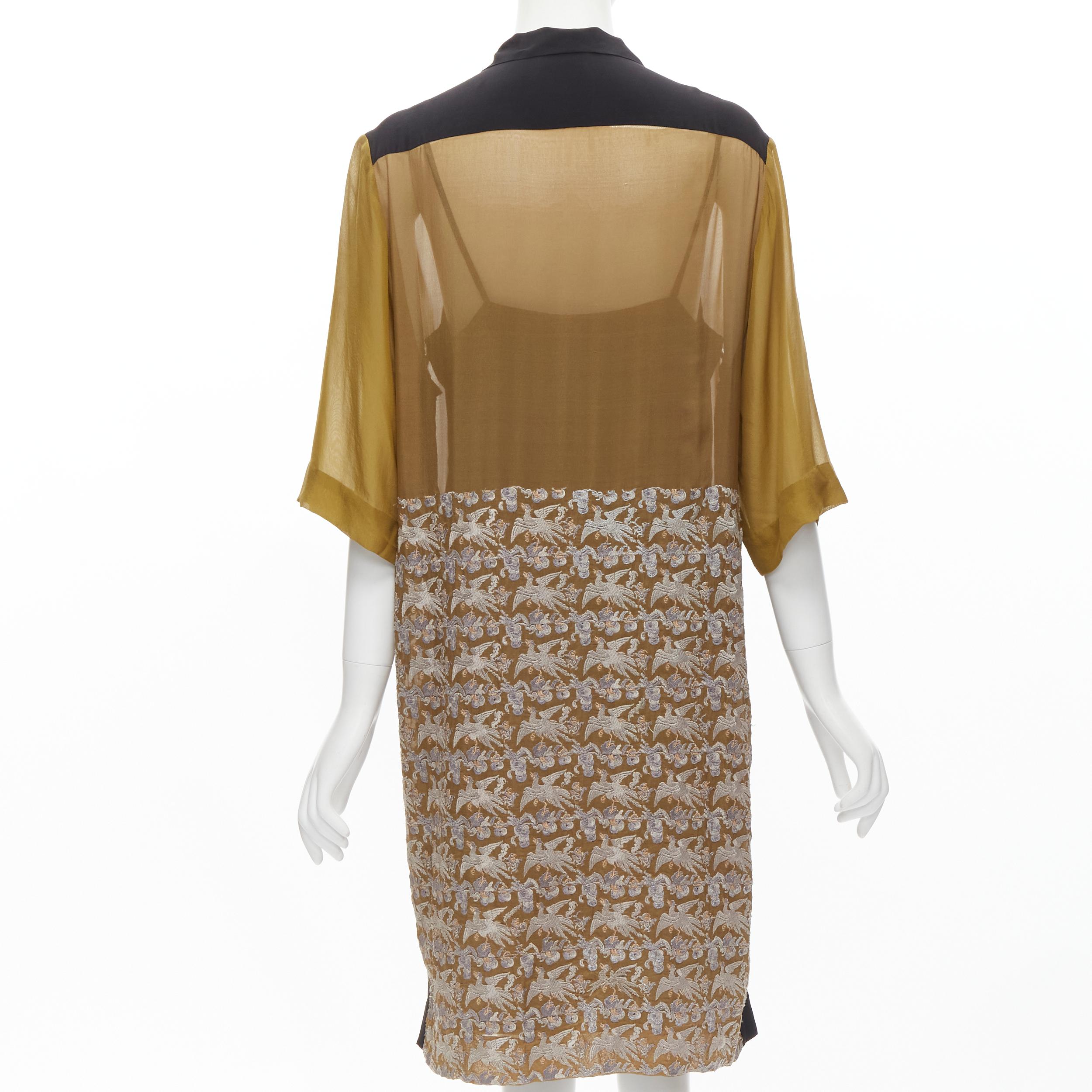 DRIES VAN NOTEN 2012 gold oriental crane embroidery shift dress FR36 S In Good Condition For Sale In Hong Kong, NT