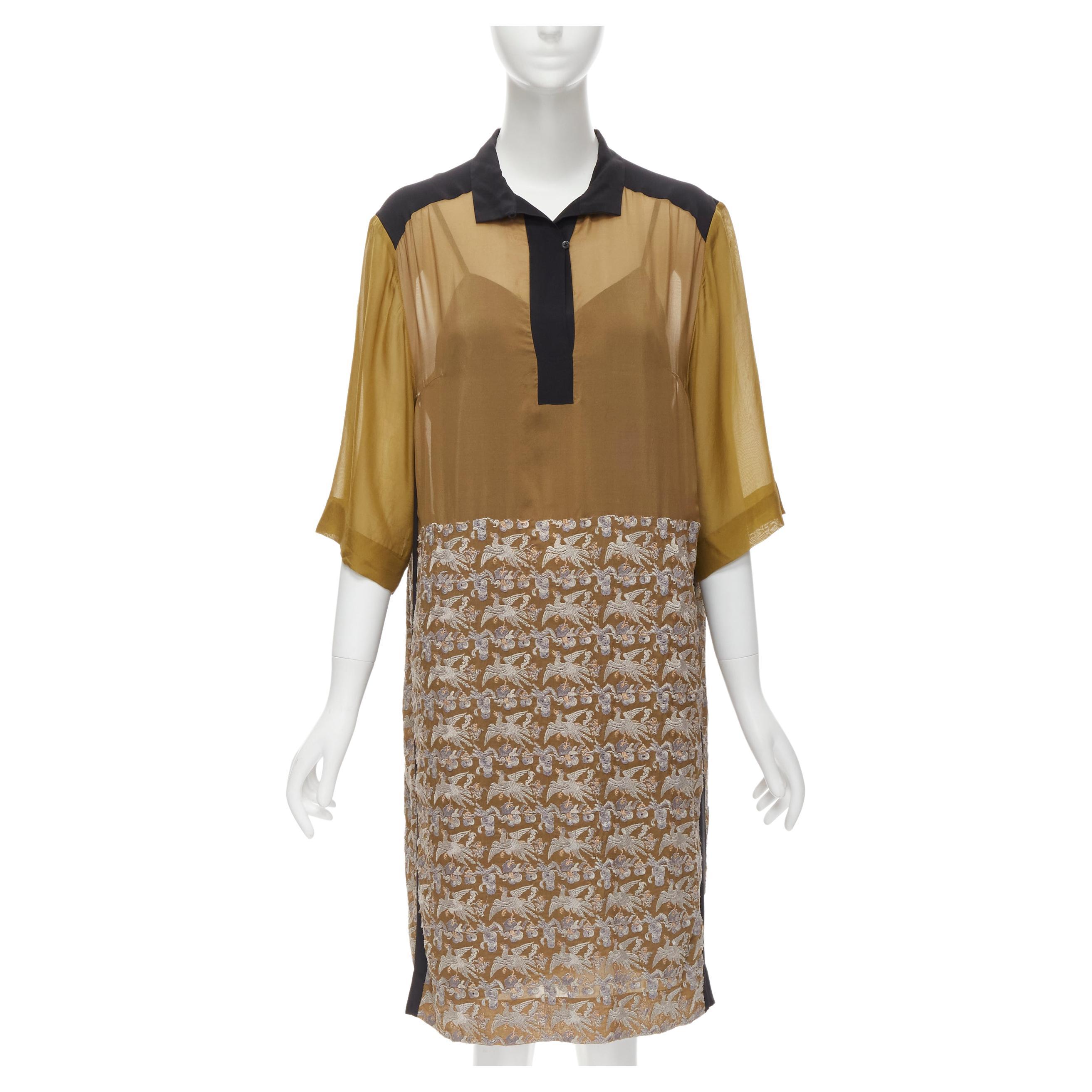 DRIES VAN NOTEN 2012 Goldfarbenes shift-Kleid mit orientalischer Kranichstickerei FR36 S