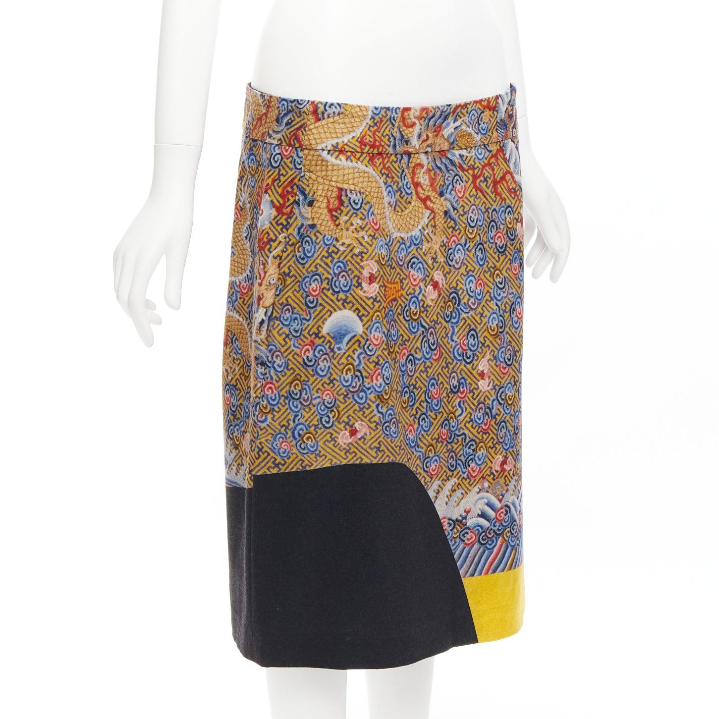 DRIES VAN NOTEN 2012 Runway oriental dragon colorblocked wool blend skirt FR40 L In Excellent Condition For Sale In Hong Kong, NT