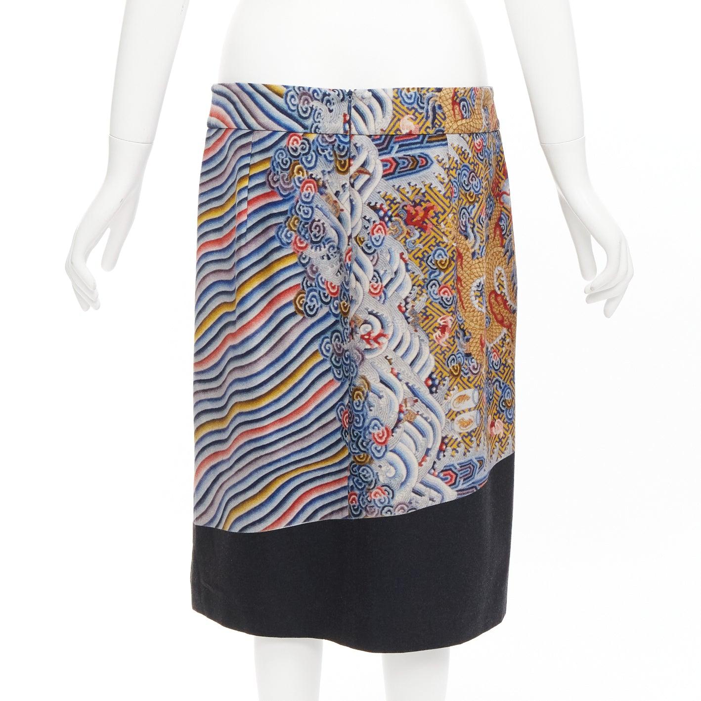Women's DRIES VAN NOTEN 2012 Runway oriental dragon colorblocked wool blend skirt FR40 L