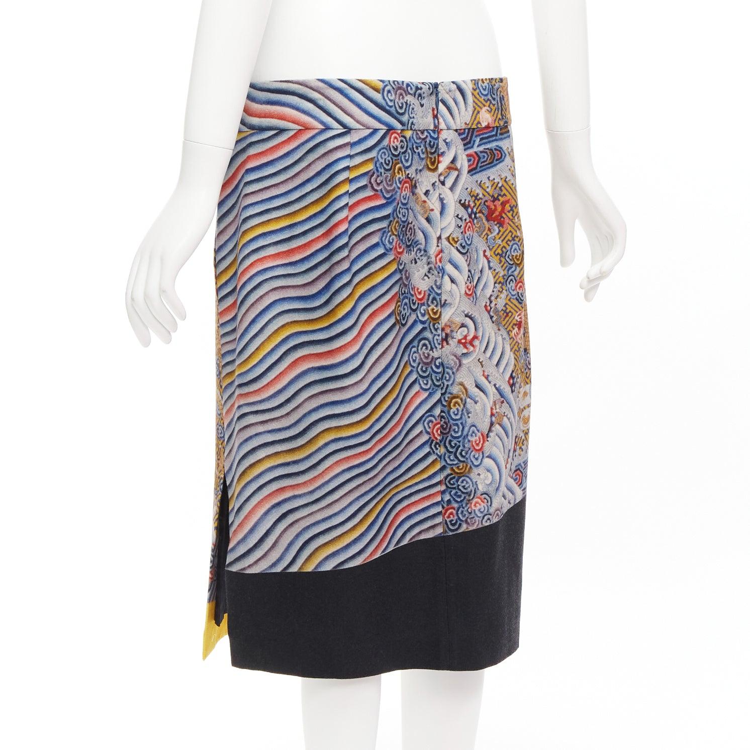 DRIES VAN NOTEN 2012 Runway oriental dragon colorblocked wool blend skirt FR40 L 1