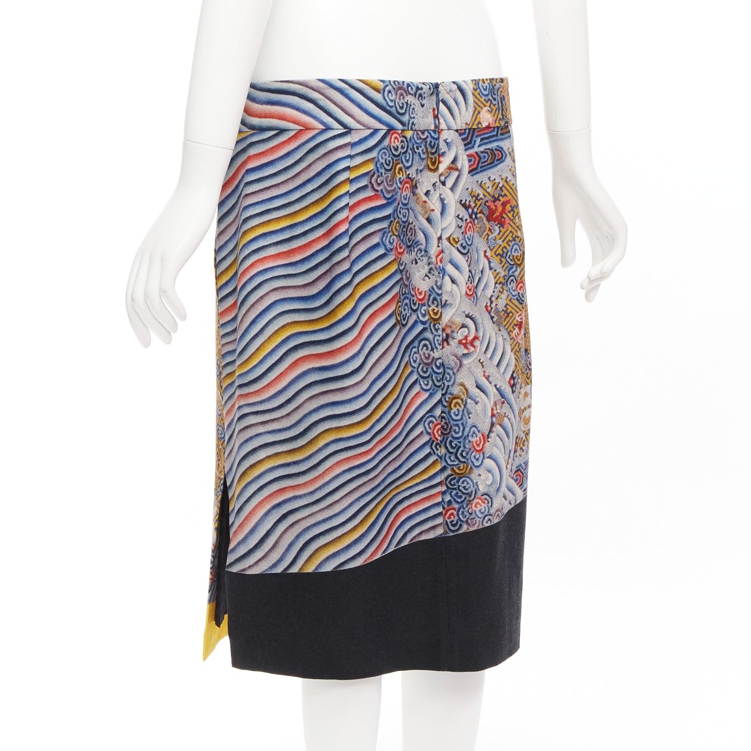 DRIES VAN NOTEN 2012 Runway oriental dragon colorblocked wool blend skirt FR40 L For Sale 2