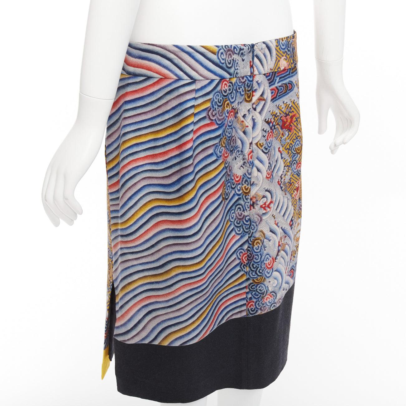 DRIES VAN NOTEN 2012 Runway oriental dragon colorblocked wool blend skirt FR40 L 2