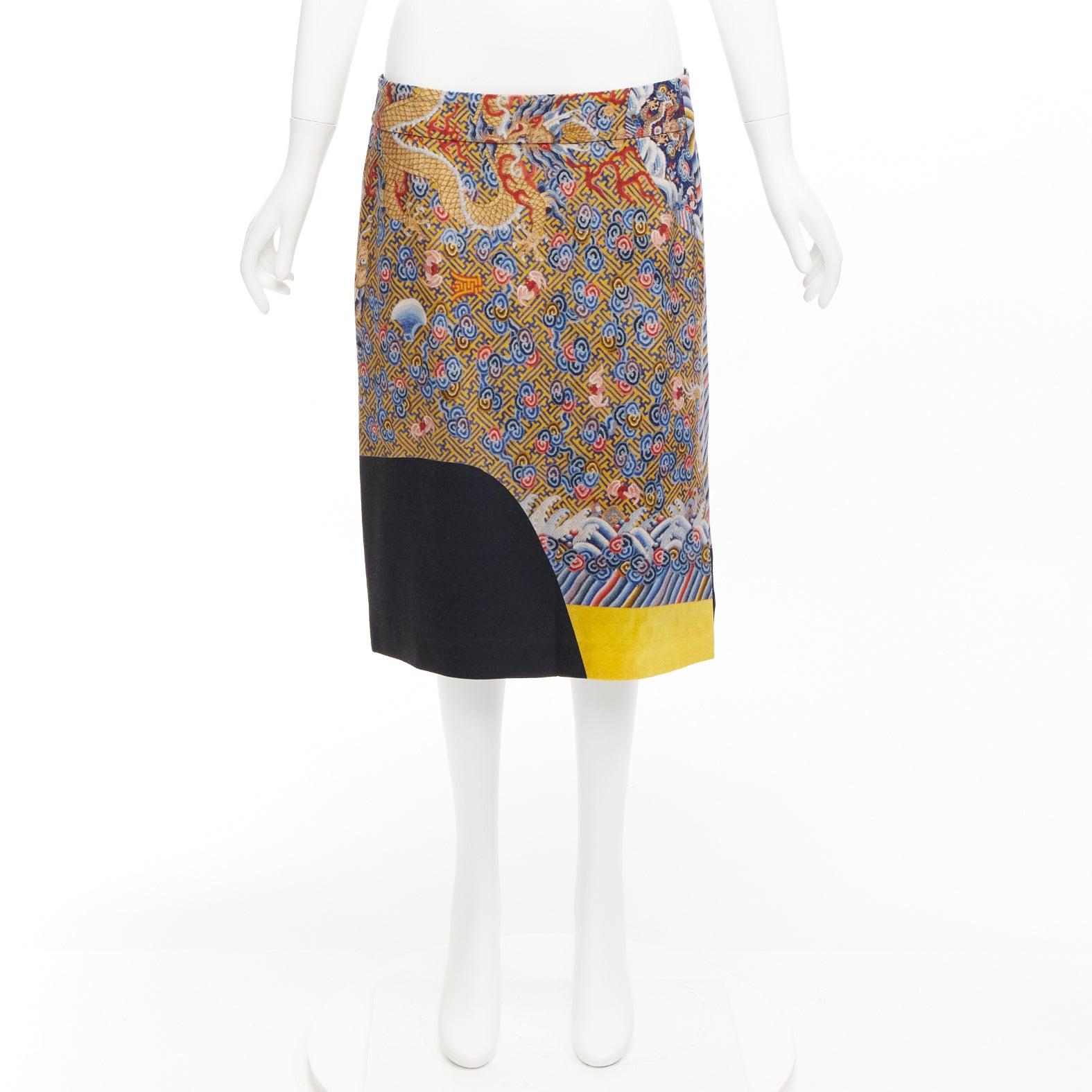 DRIES VAN NOTEN 2012 Runway oriental dragon colorblocked wool blend skirt FR40 L 4